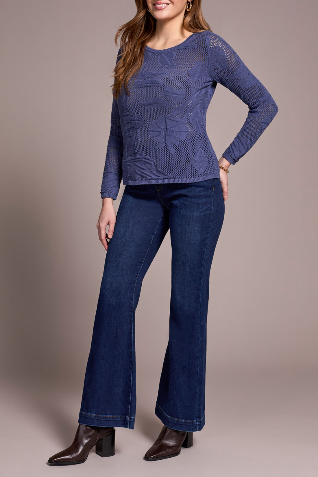 Combed Cotton Mesh Jacquard Boat Neck Sweater