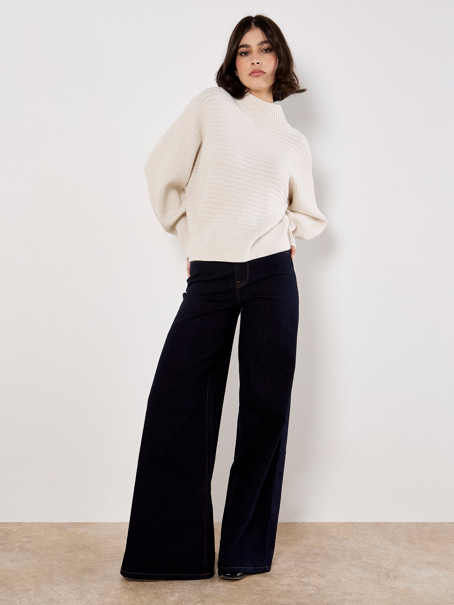 High Neck Twisted Cable Batwing Sweater