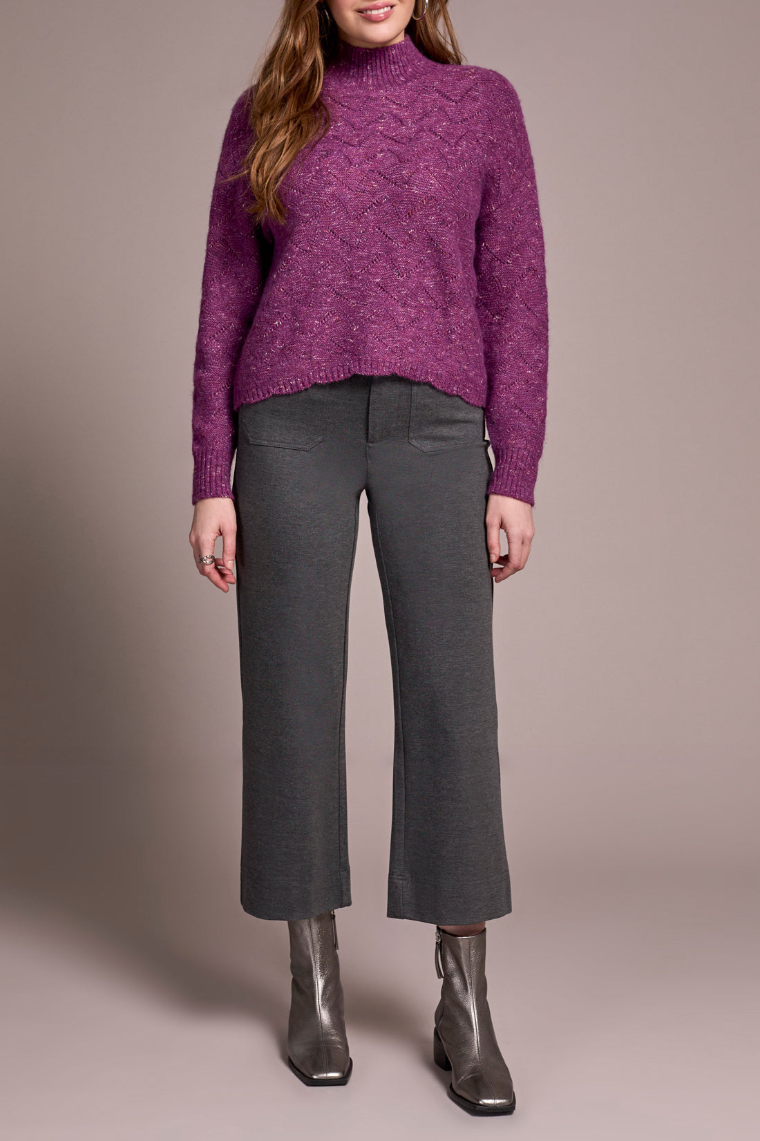 Mock Neck Puff Sleeve High Low Sweater