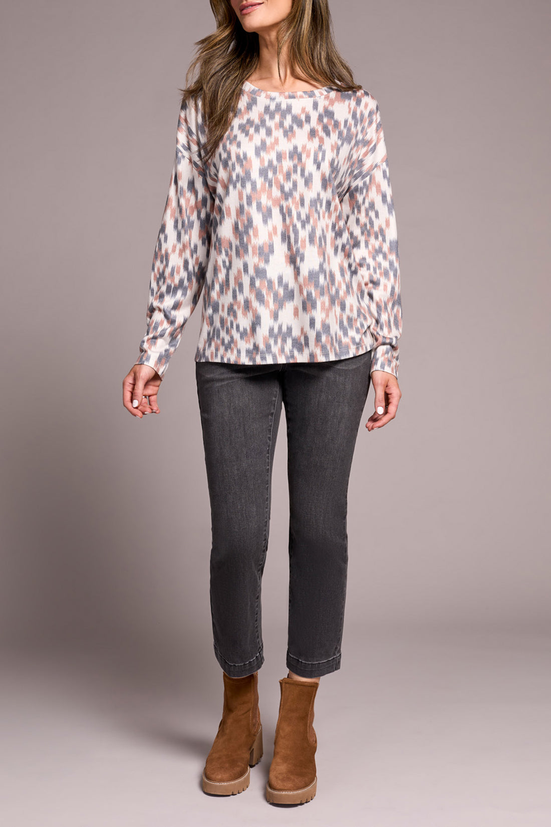 Fuzzy Soft Crew Neck Combo Print Knit Top