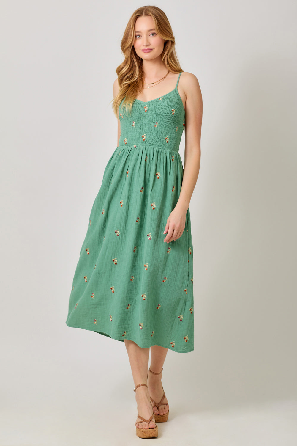 Embroidered Smocked Midi Dress