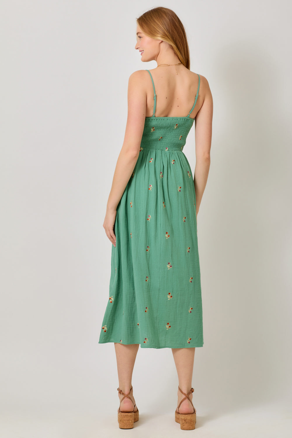Embroidered Smocked Midi Dress