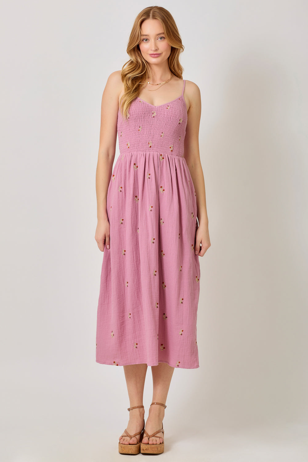 Embroidered Smocked Midi Dress