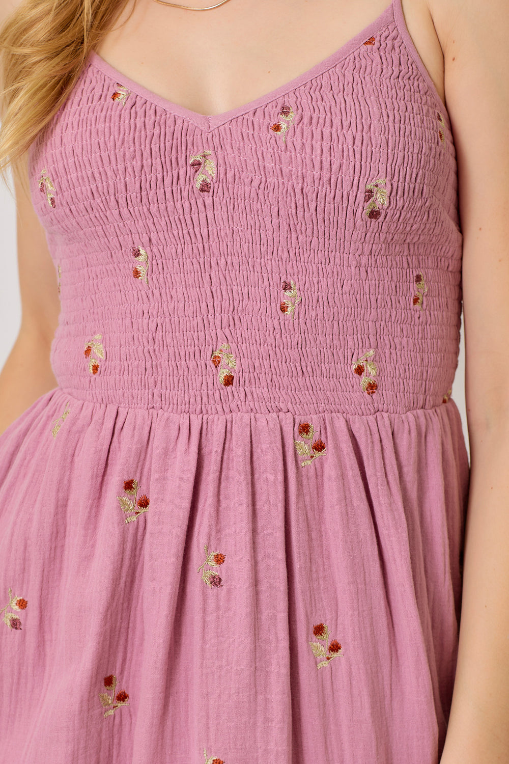 Embroidered Smocked Midi Dress