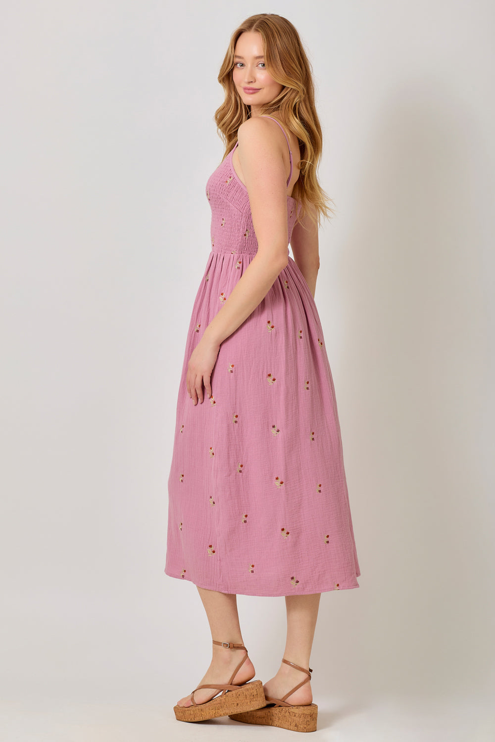 Embroidered Smocked Midi Dress