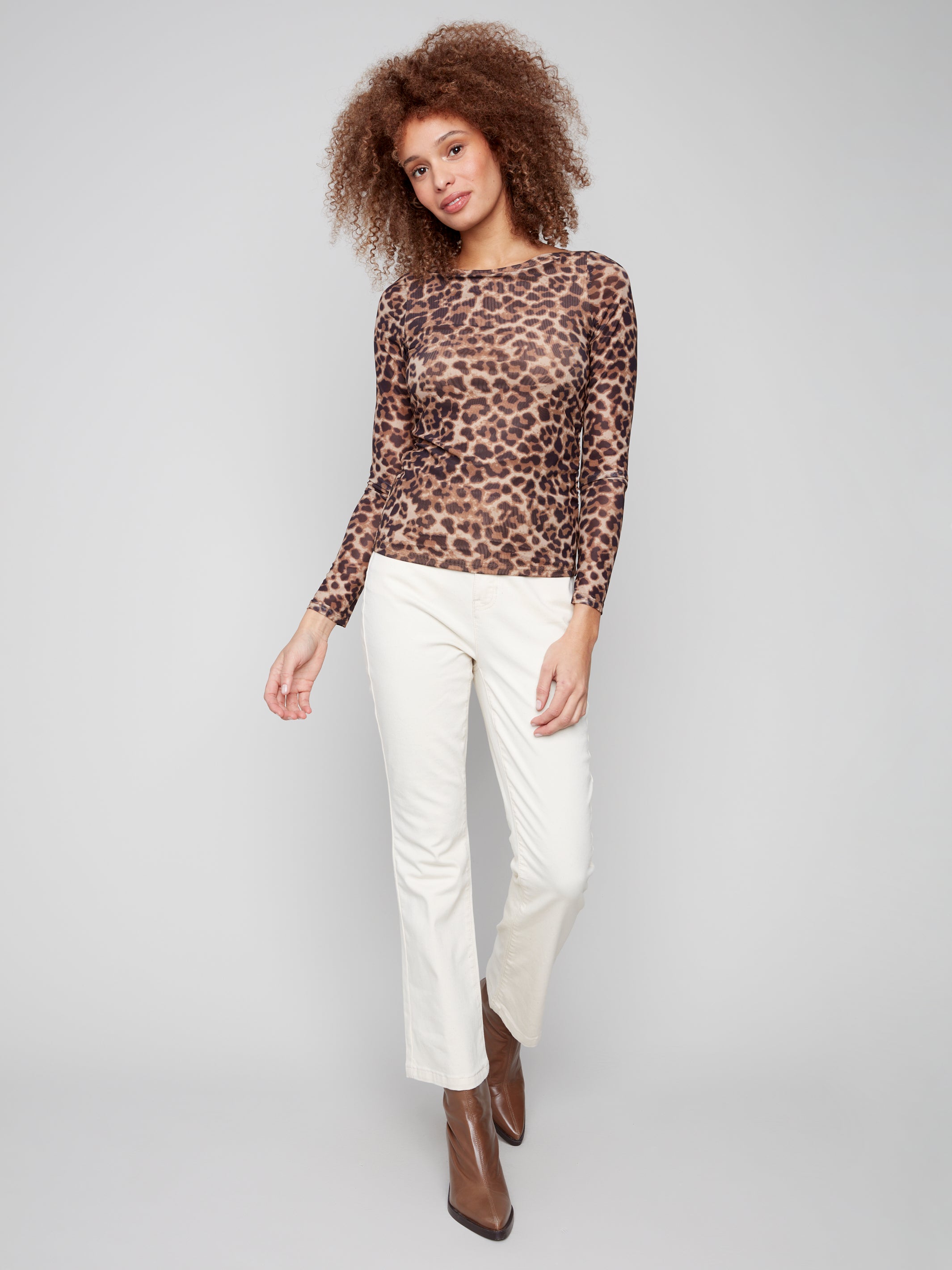Printed Ruched Mesh Top