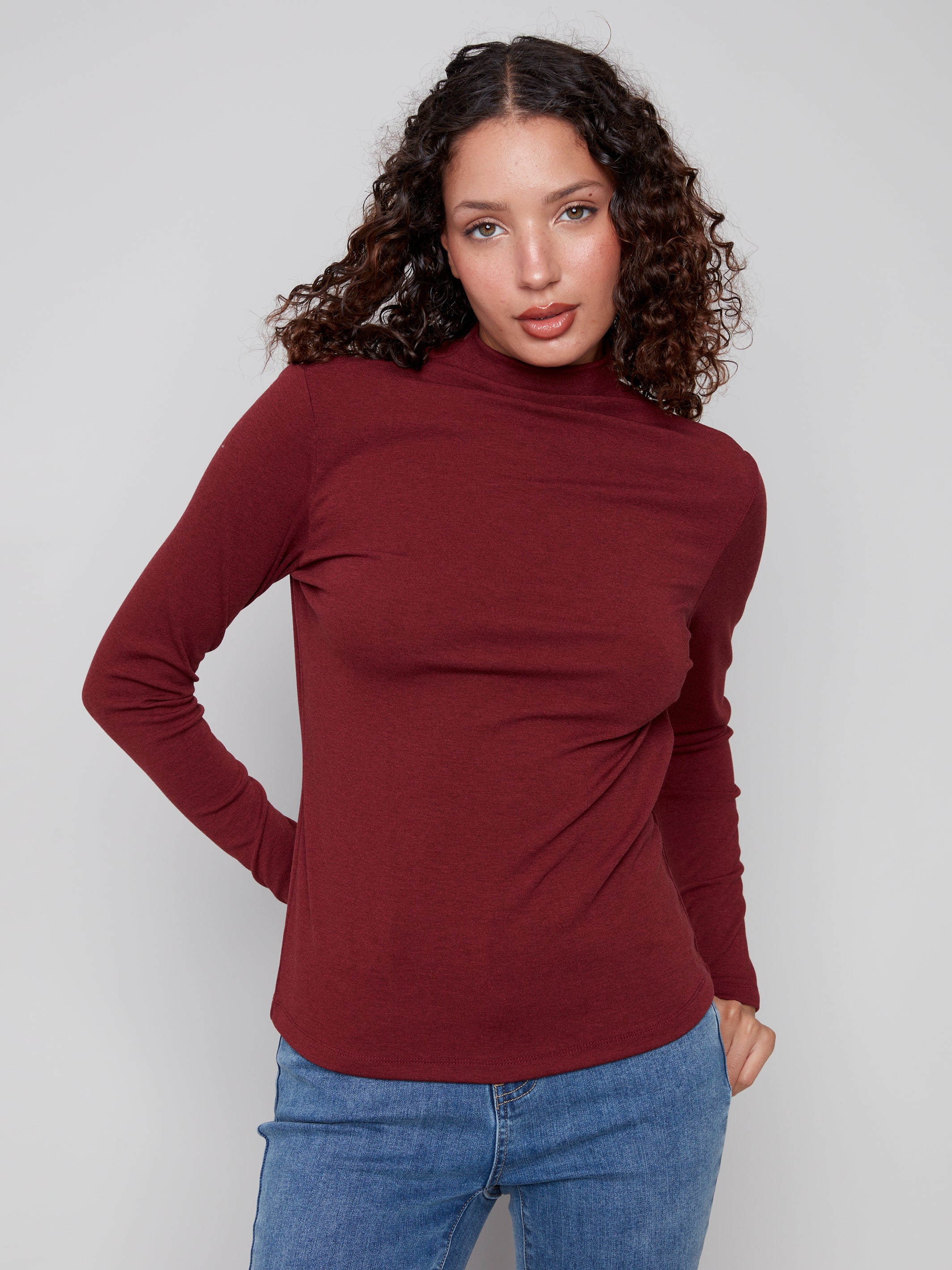 Long Sleeve Mock Neck Fine Rib Top