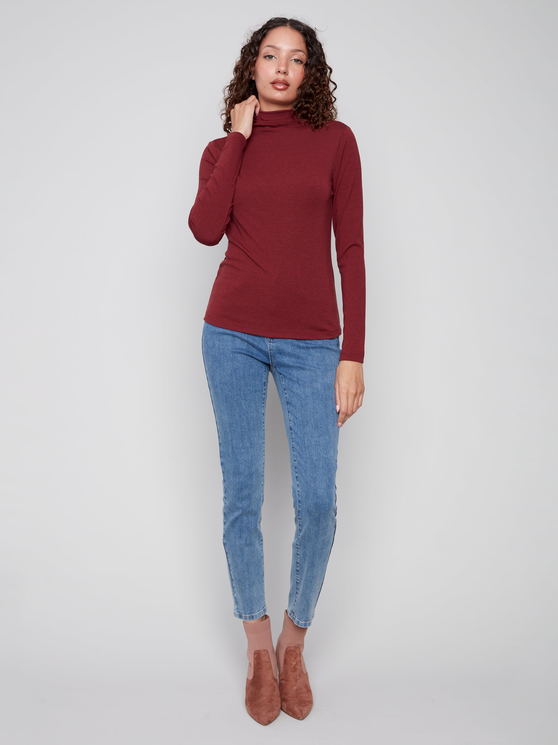 Long Sleeve Mock Neck Fine Rib Top