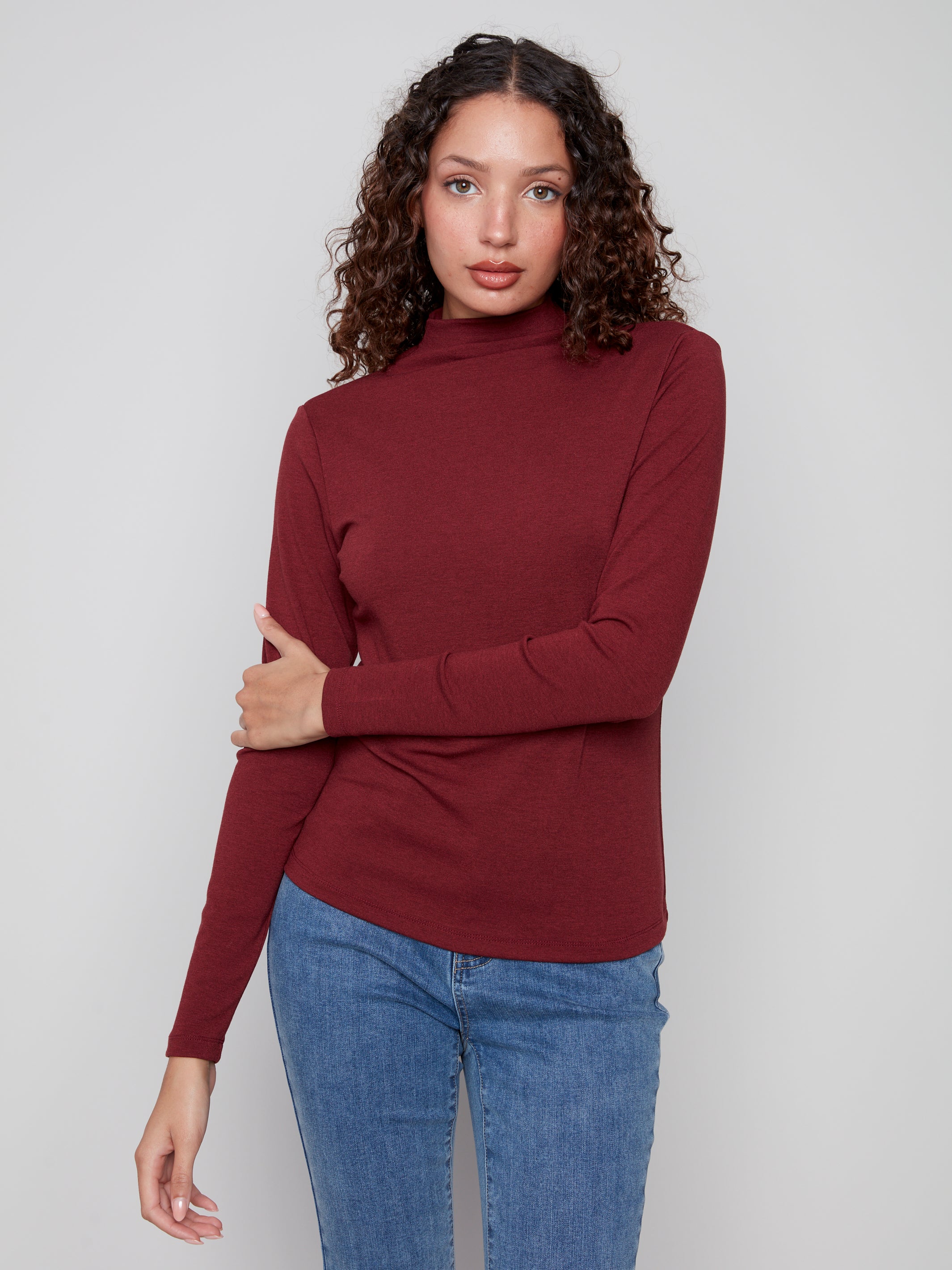 Long Sleeve Mock Neck Fine Rib Top