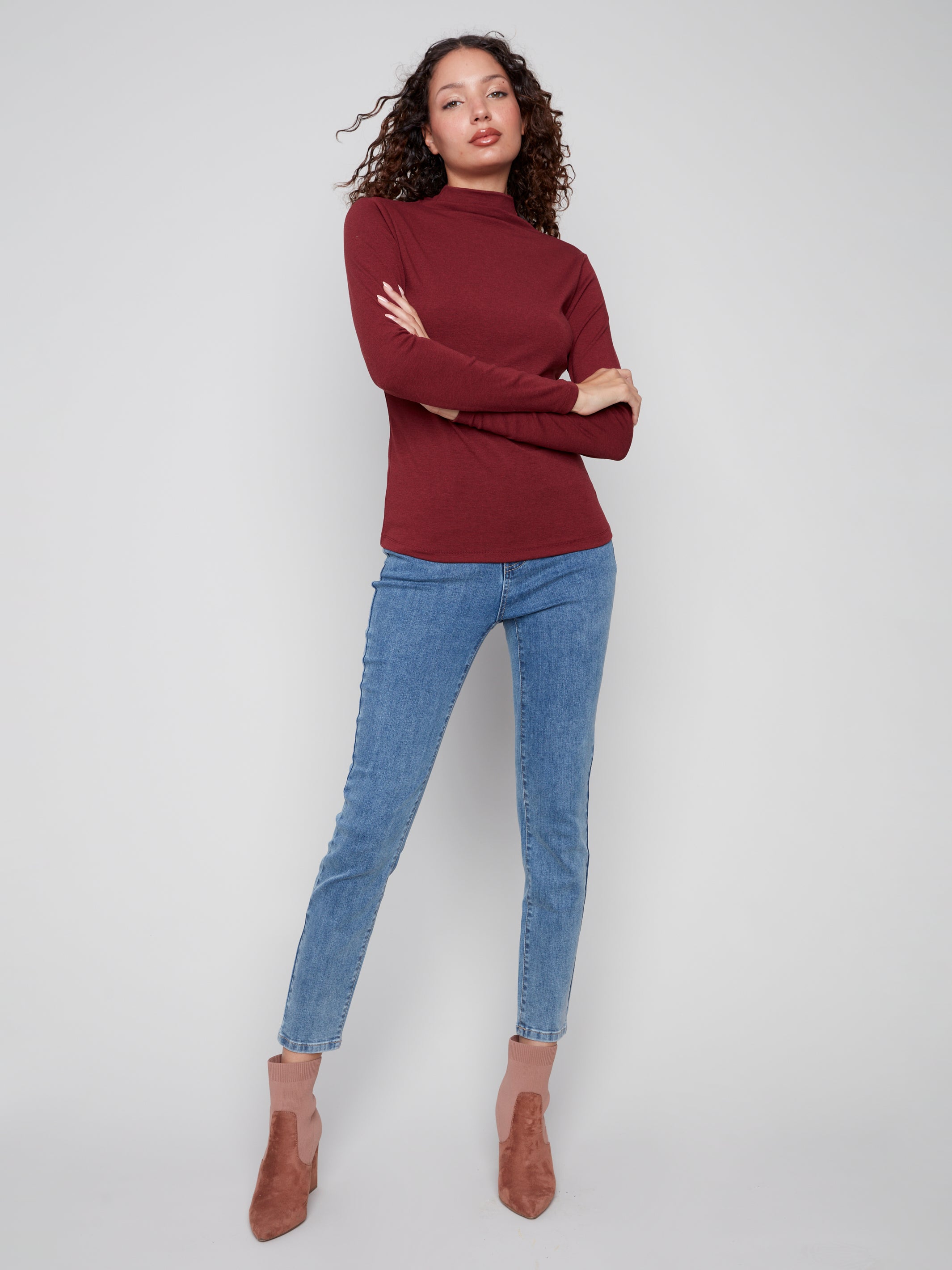 Long Sleeve Mock Neck Fine Rib Top