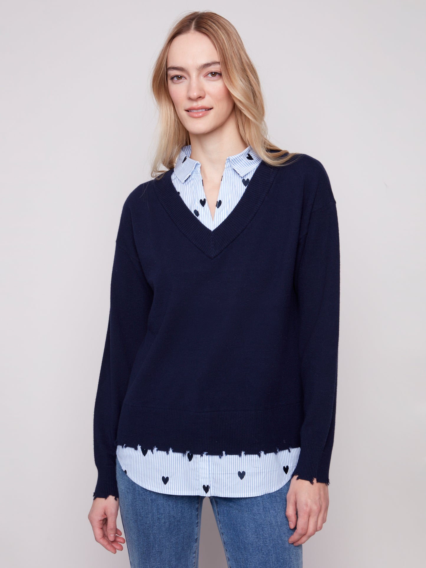 V-Neck Fooler Sweater With Embroidered Shirt Collar