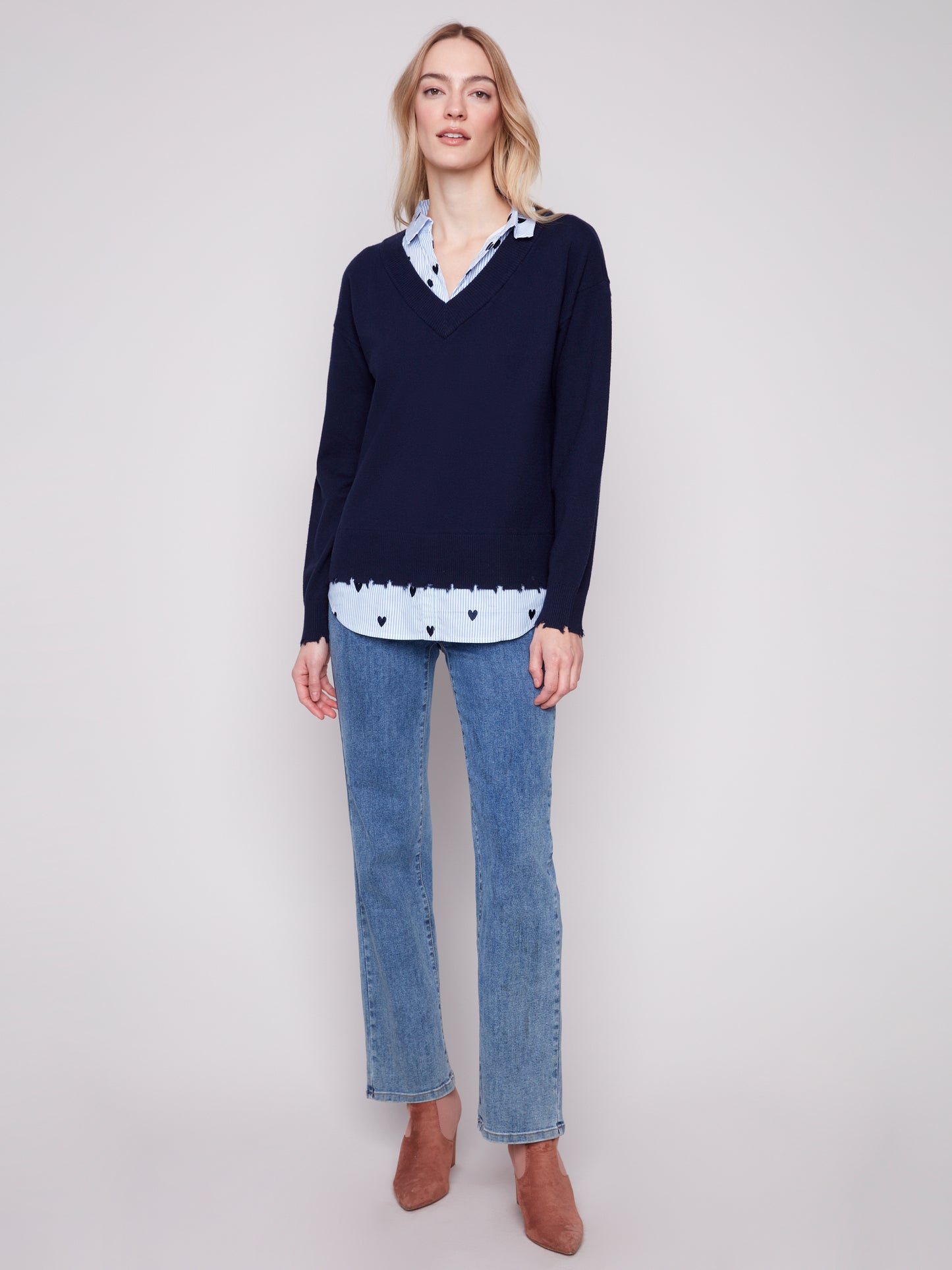 V-Neck Fooler Sweater With Embroidered Shirt Collar