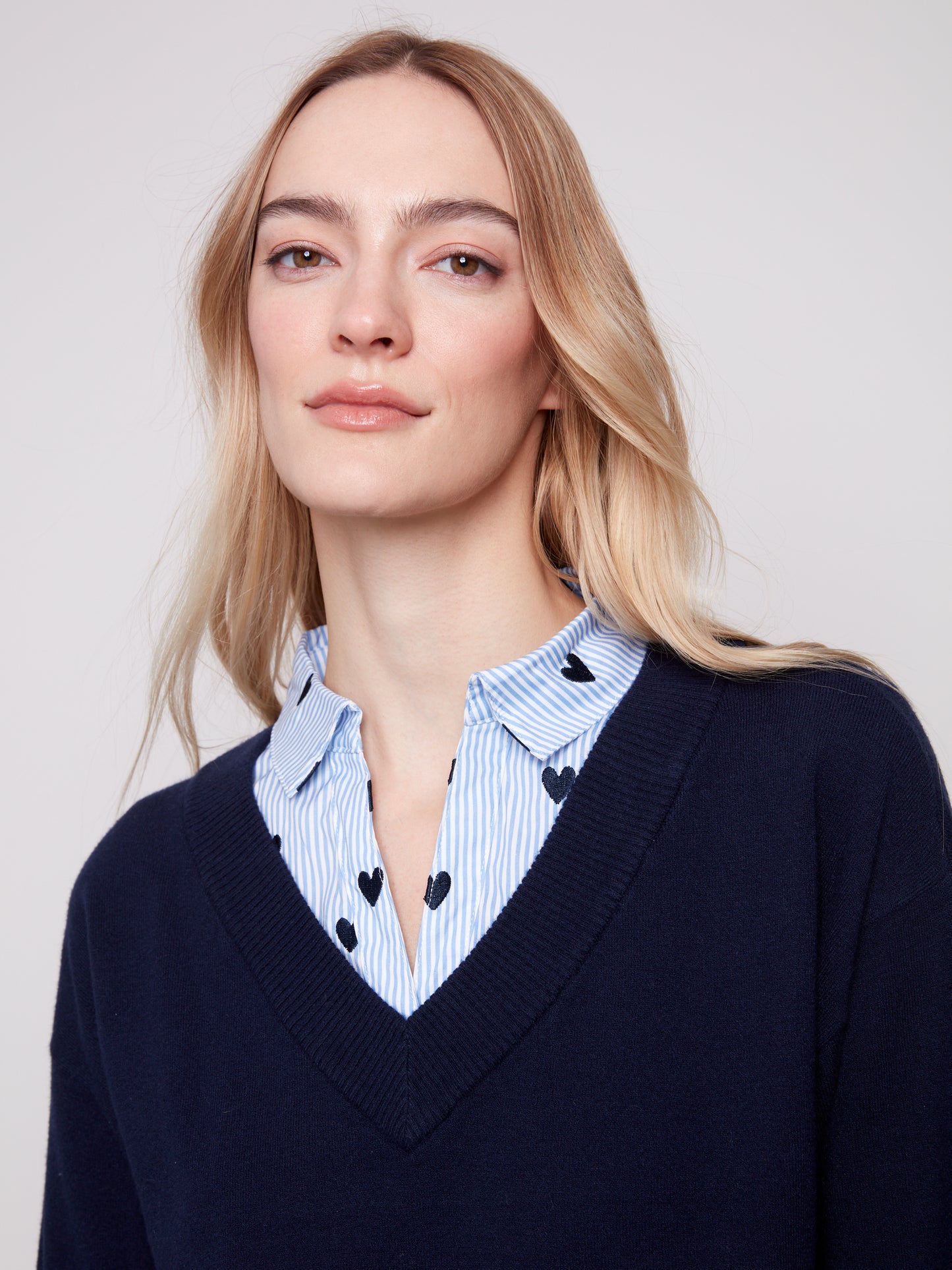 V-Neck Fooler Sweater With Embroidered Shirt Collar