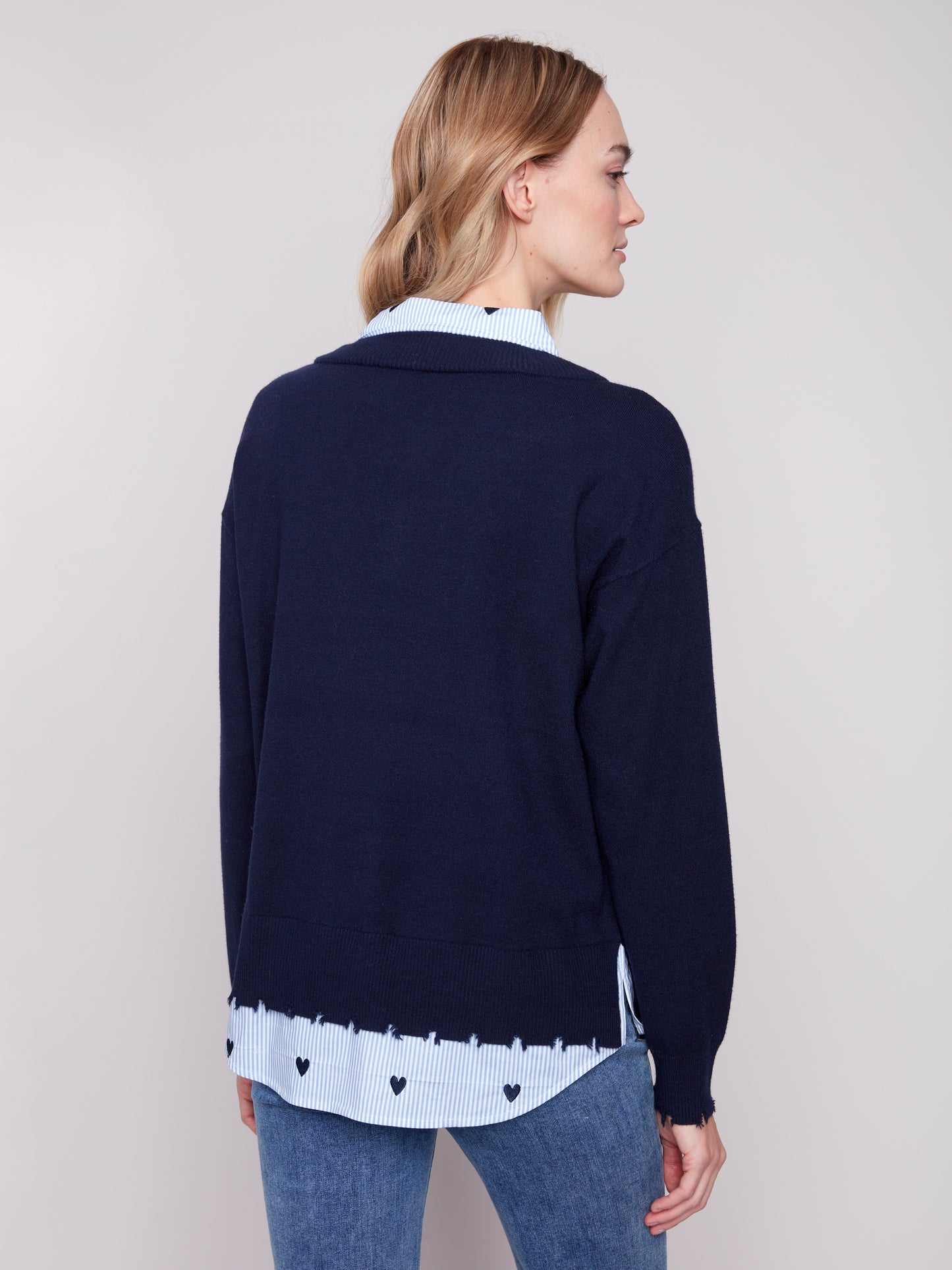 V-Neck Fooler Sweater With Embroidered Shirt Collar