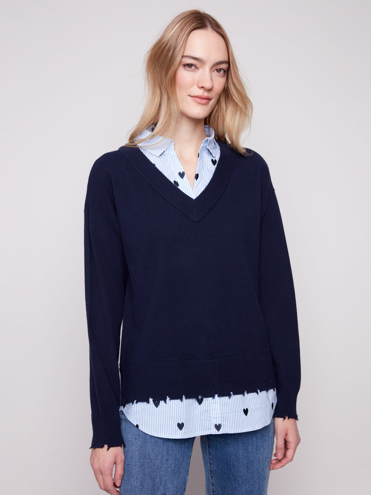 V-Neck Fooler Sweater With Embroidered Shirt Collar