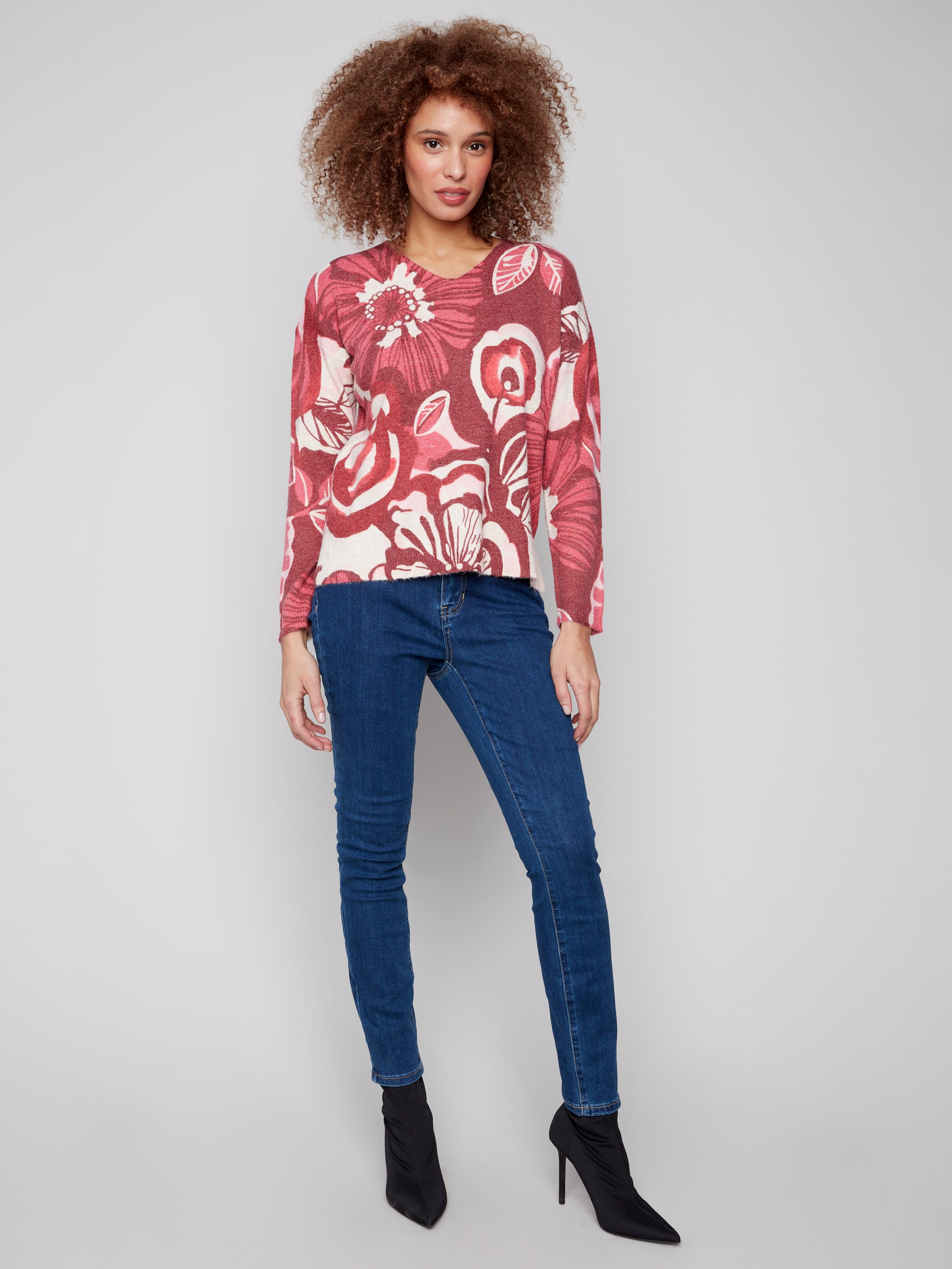 Printed Plush Knit V-Neck Sweater