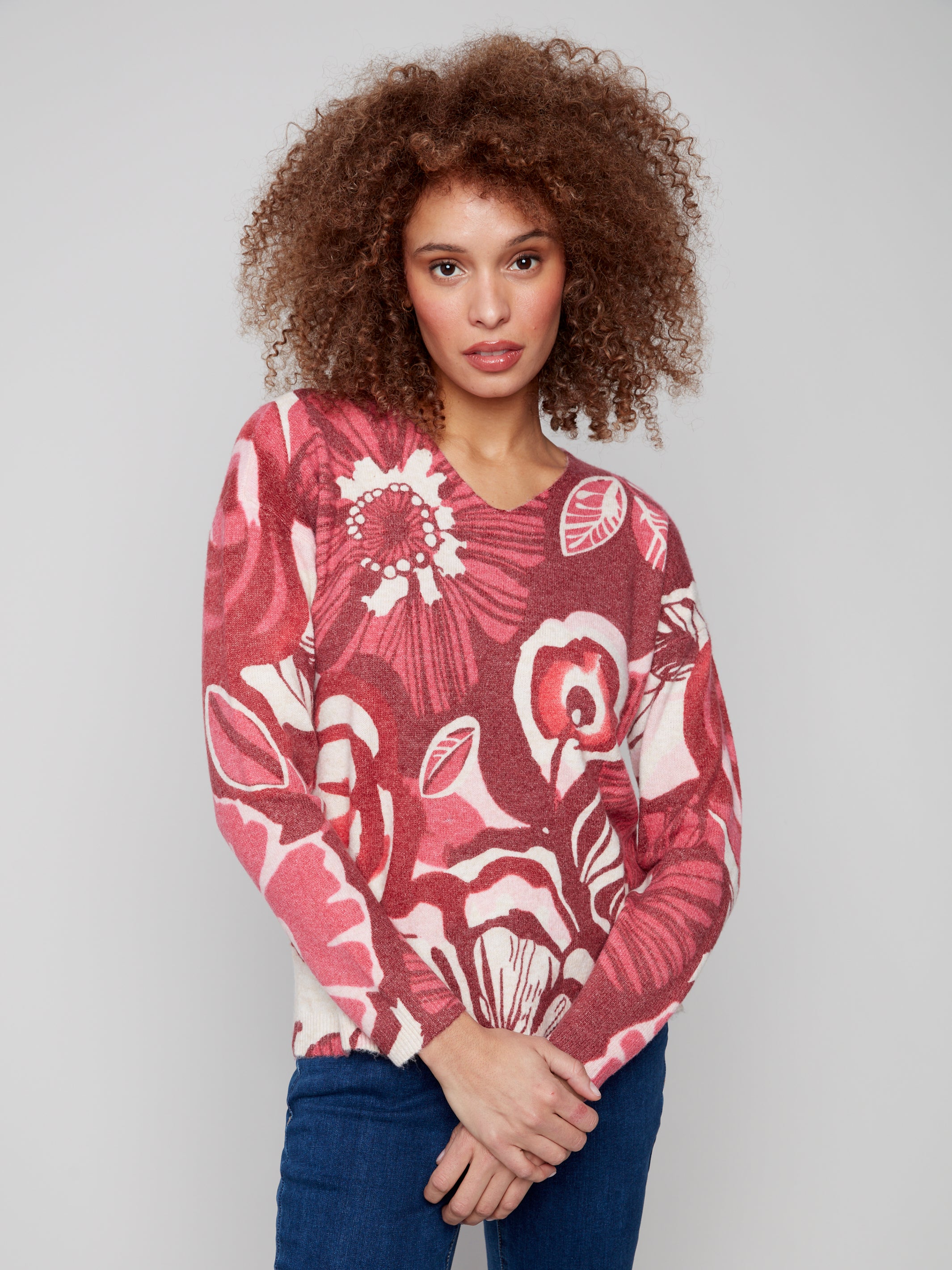 Printed Plush Knit V-Neck Sweater