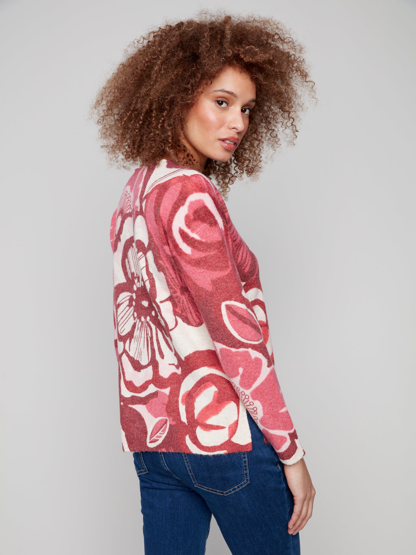 Printed Plush Knit V-Neck Sweater