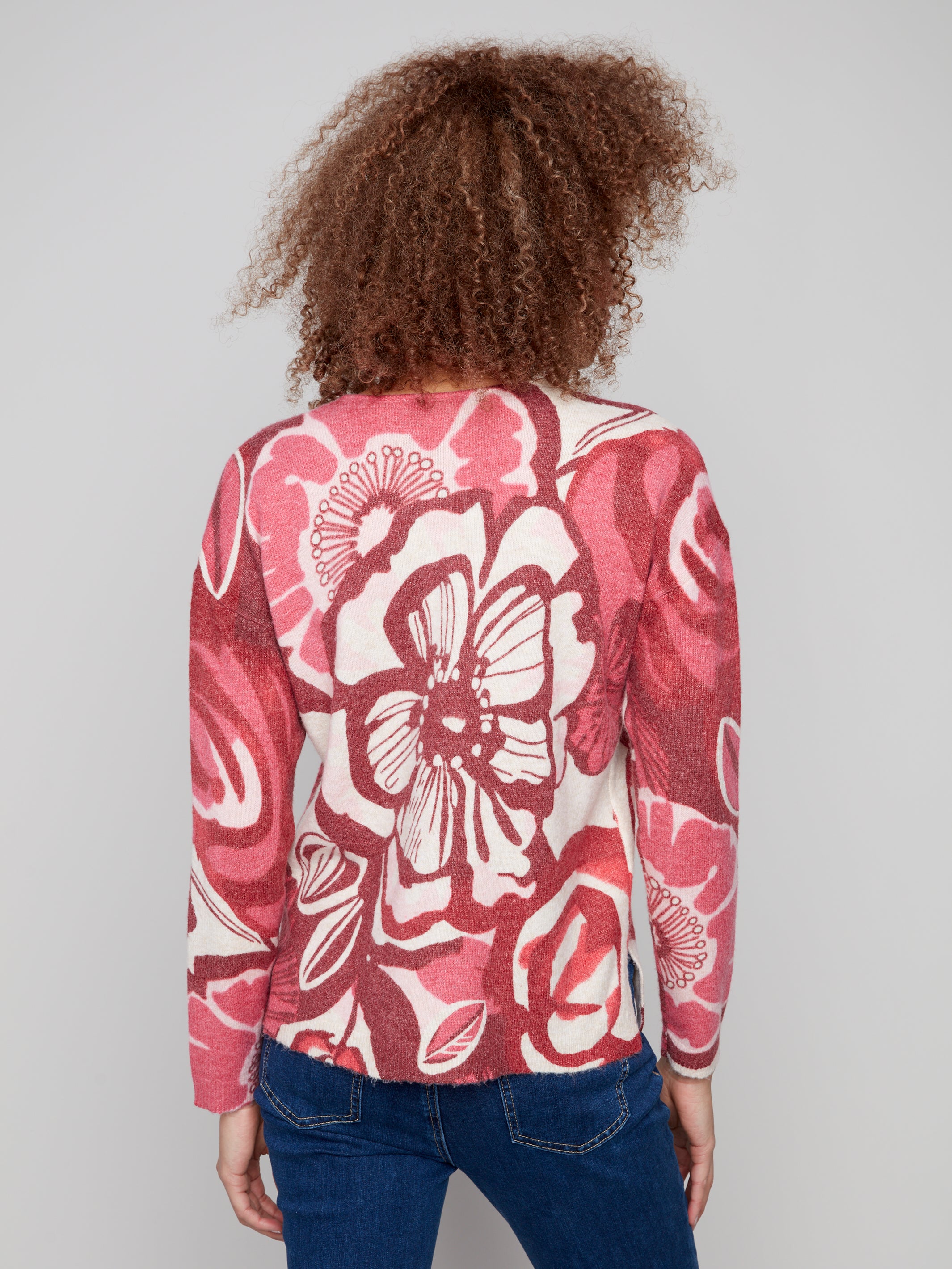 Printed Plush Knit V-Neck Sweater