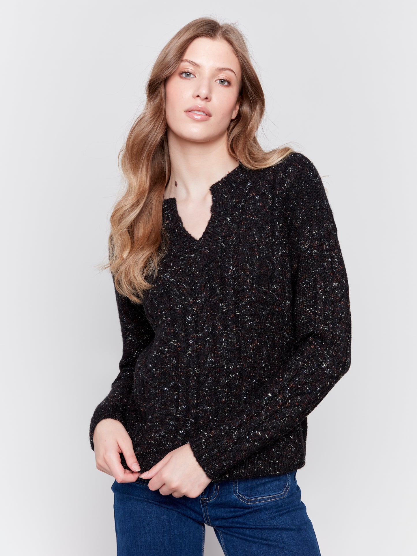 Speckled Yarn Cable Knit Sweater