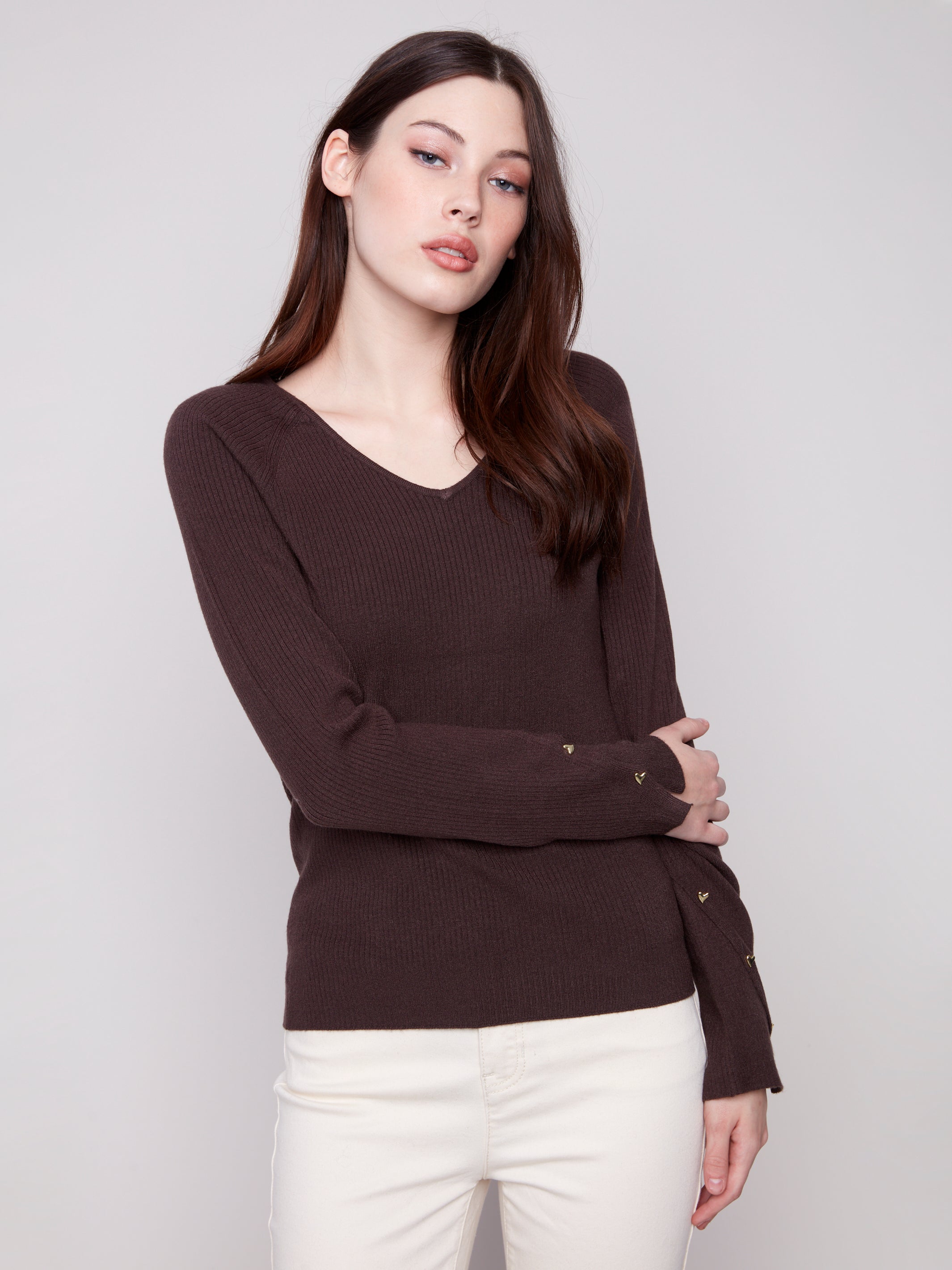 Ribbed V-Neck Sweater with Heart Rivets