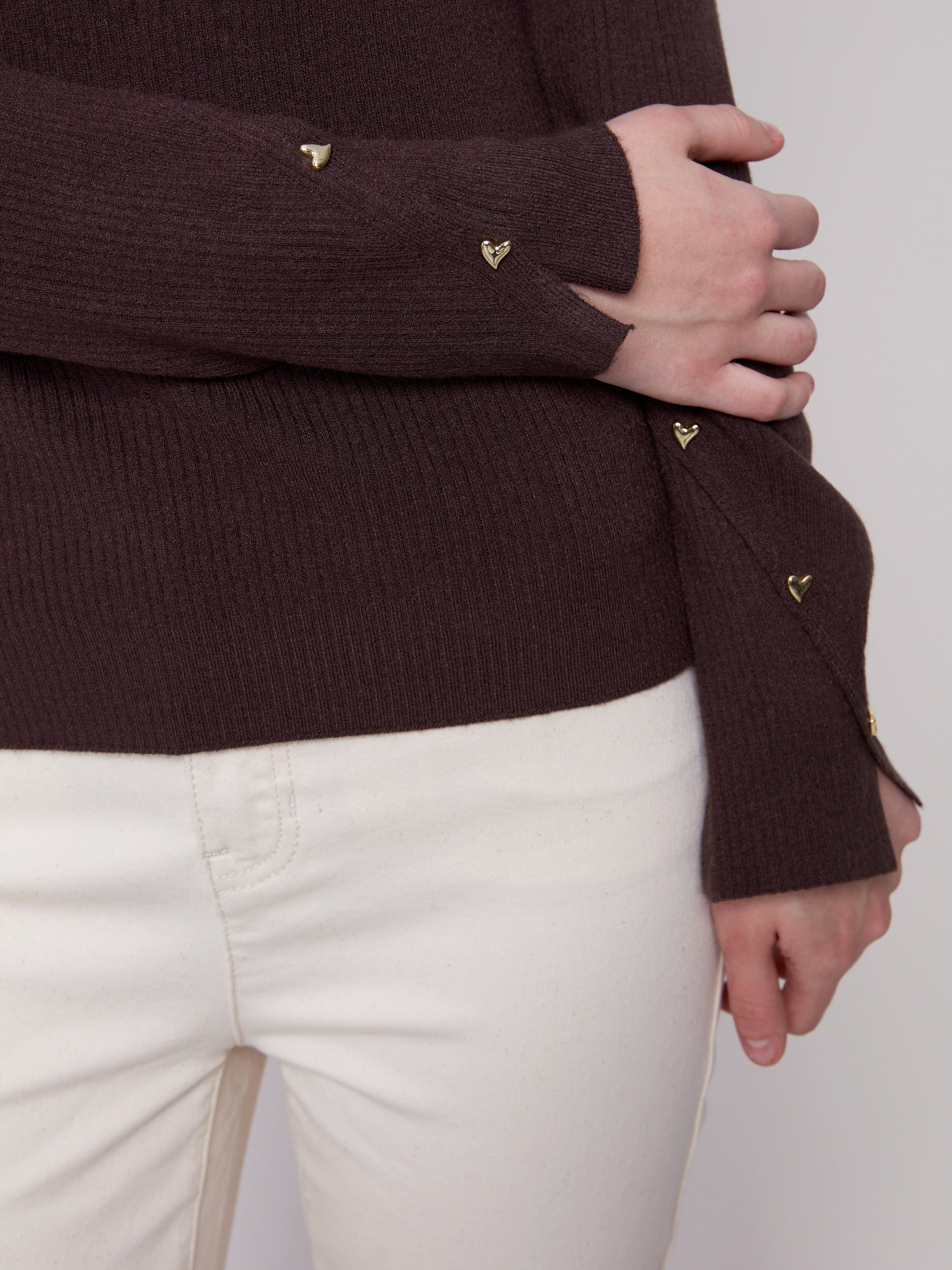 Ribbed V-Neck Sweater with Heart Rivets