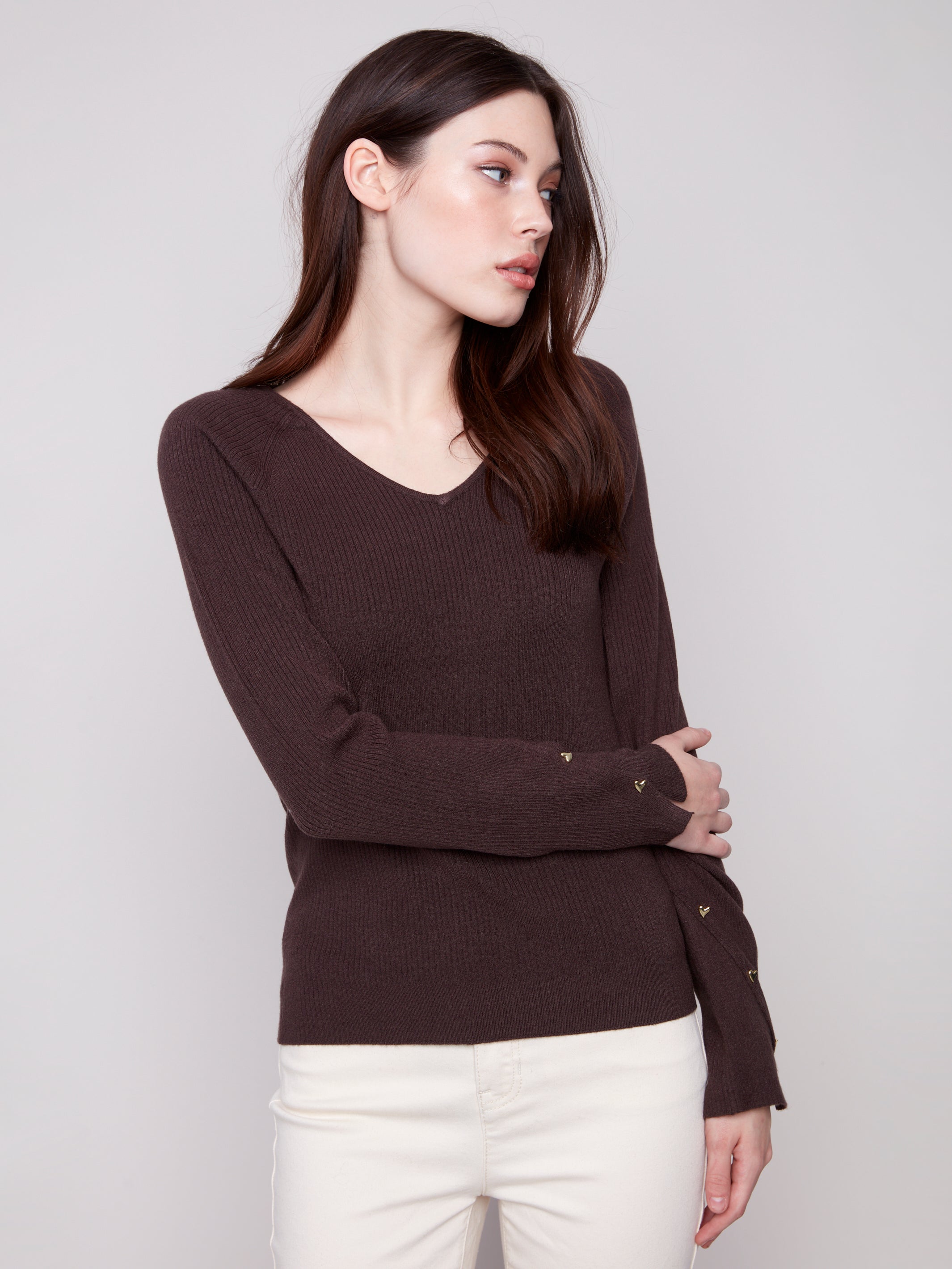 Ribbed V-Neck Sweater with Heart Rivets