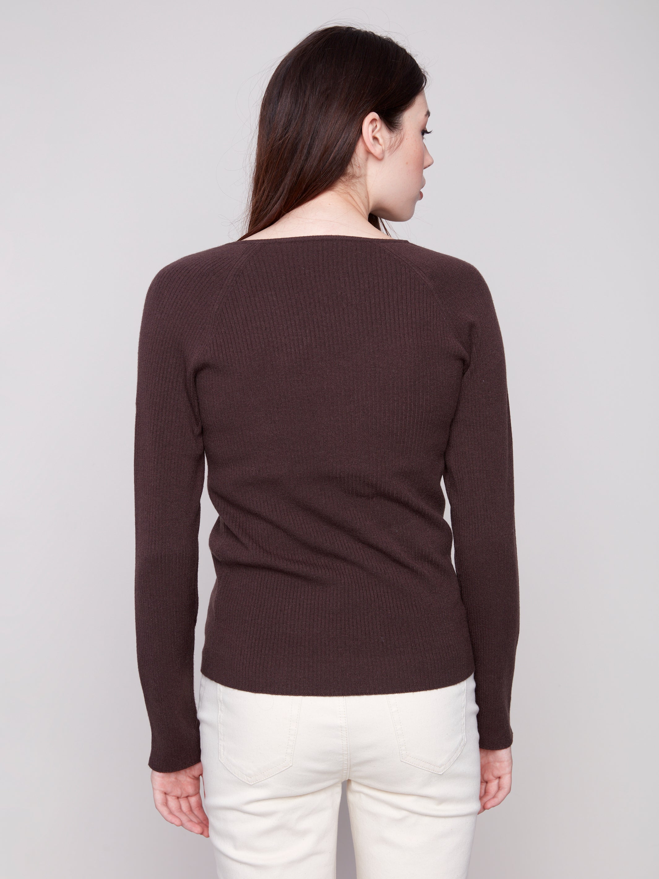 Ribbed V-Neck Sweater with Heart Rivets