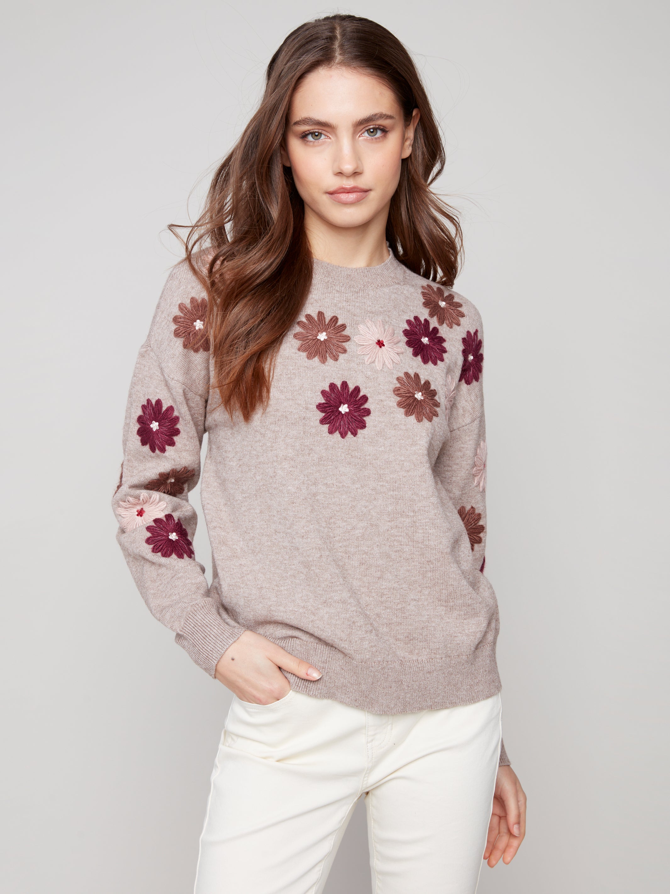 Floral Embroidery Crew Neck Sweater