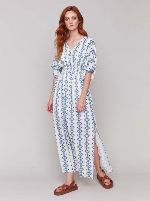 Printed Dolman Sleeve Maxi Dress with Side Slits