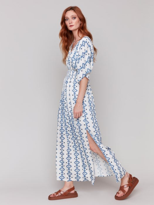 Printed Dolman Sleeve Maxi Dress with Side Slits