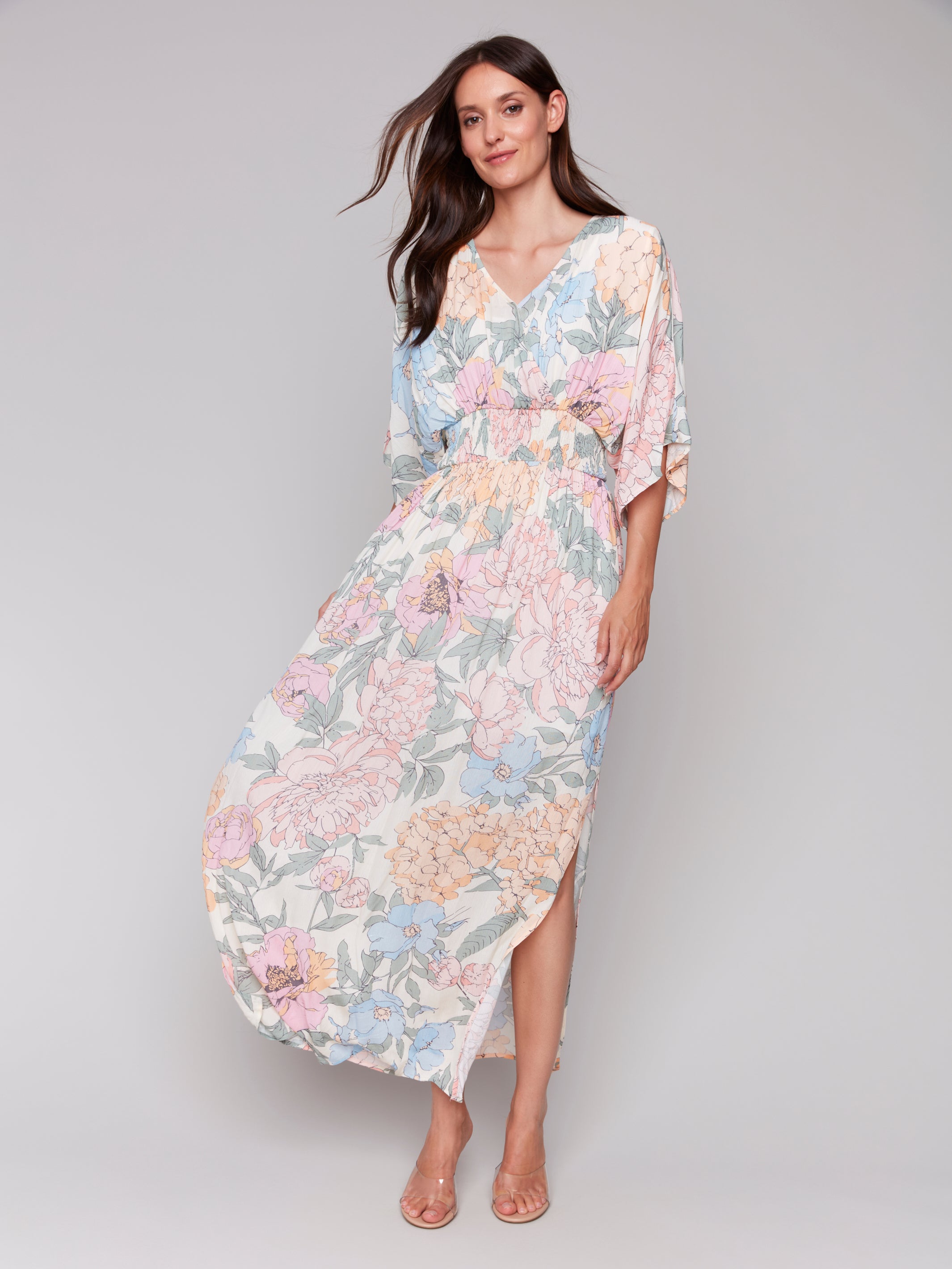 Printed Dolman Sleeve Maxi Dress with Side Slits