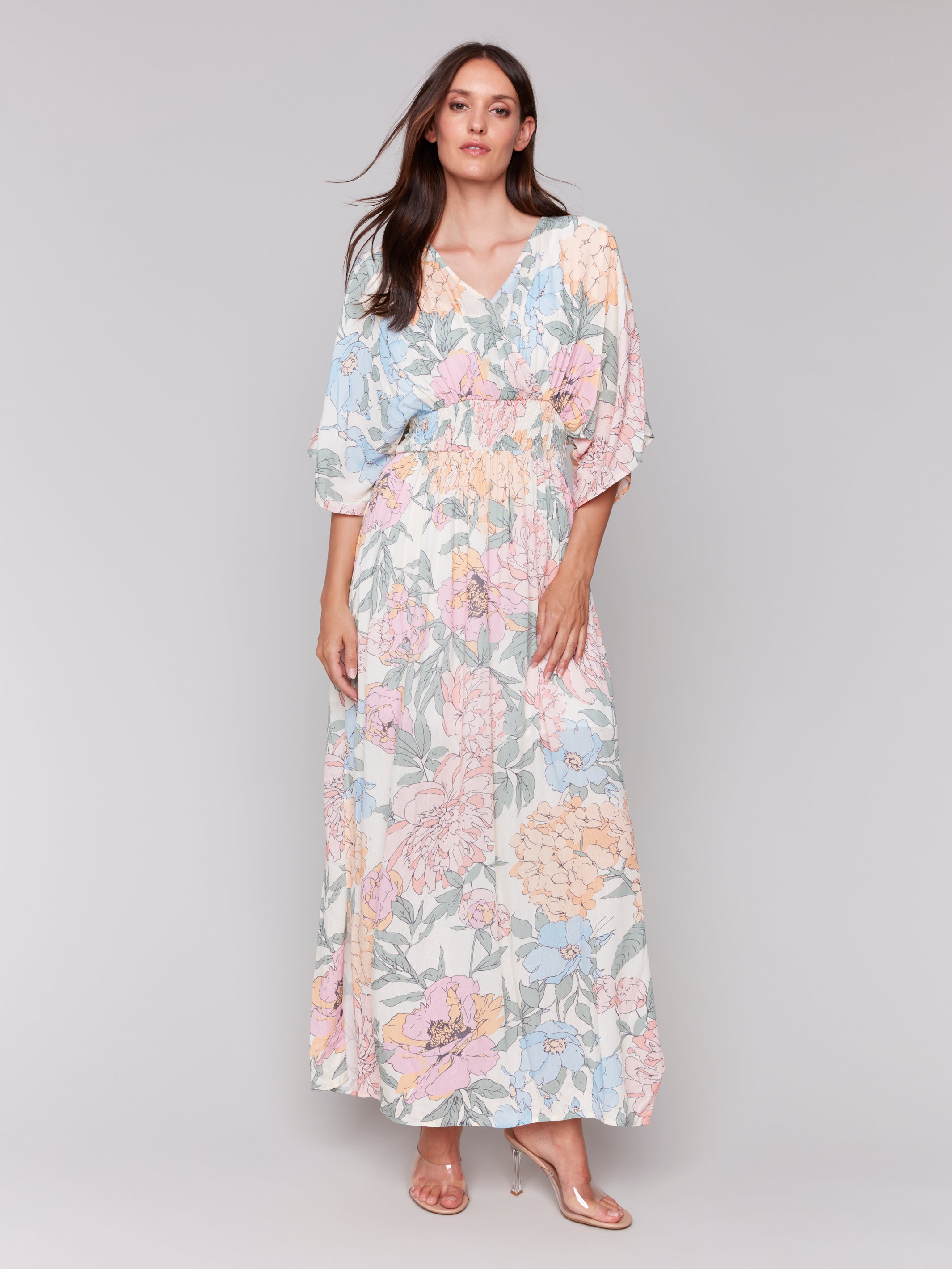 Printed Dolman Sleeve Maxi Dress with Side Slits