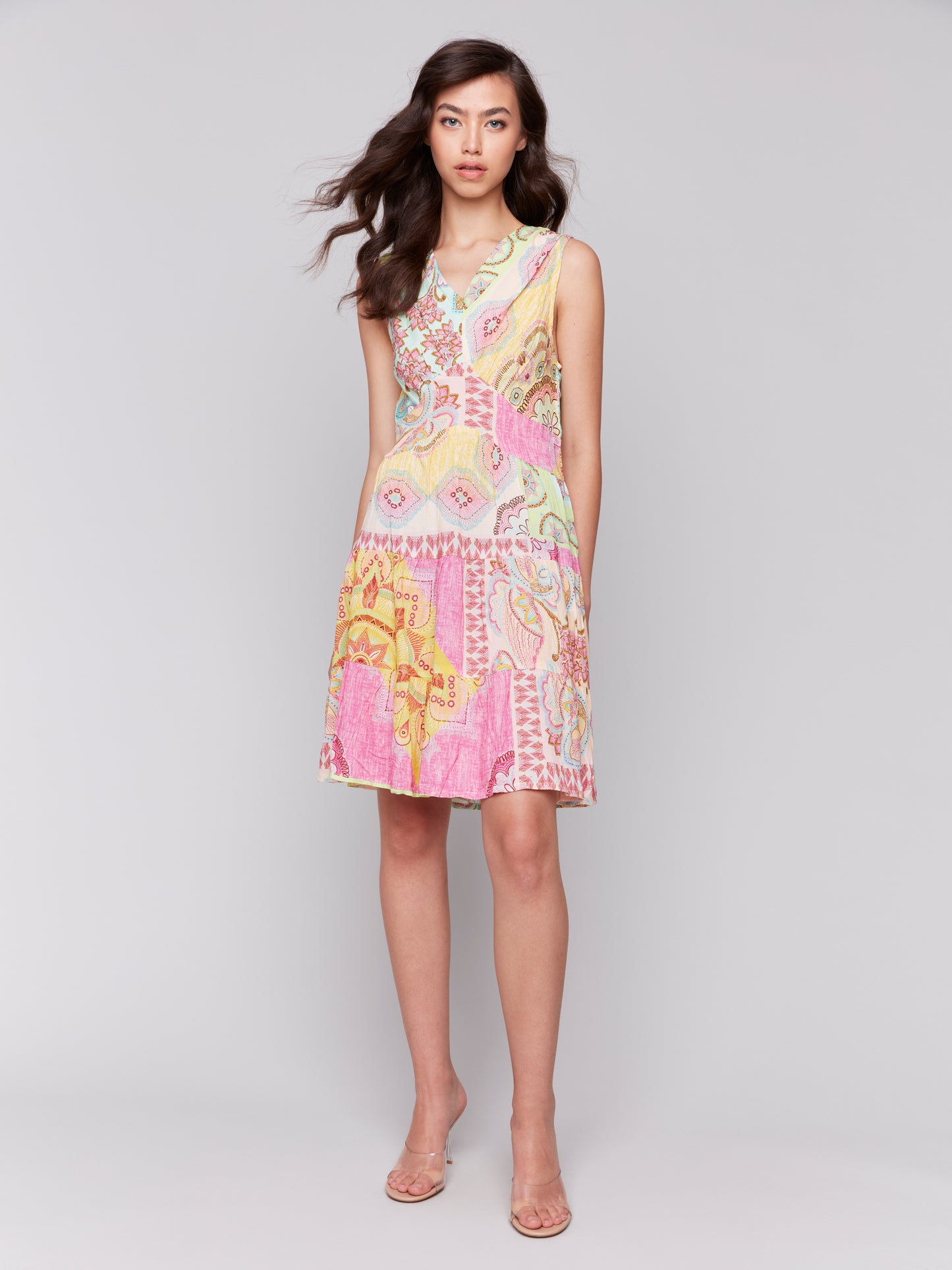 Printed Sleeveless V-Neck Tiered Dress