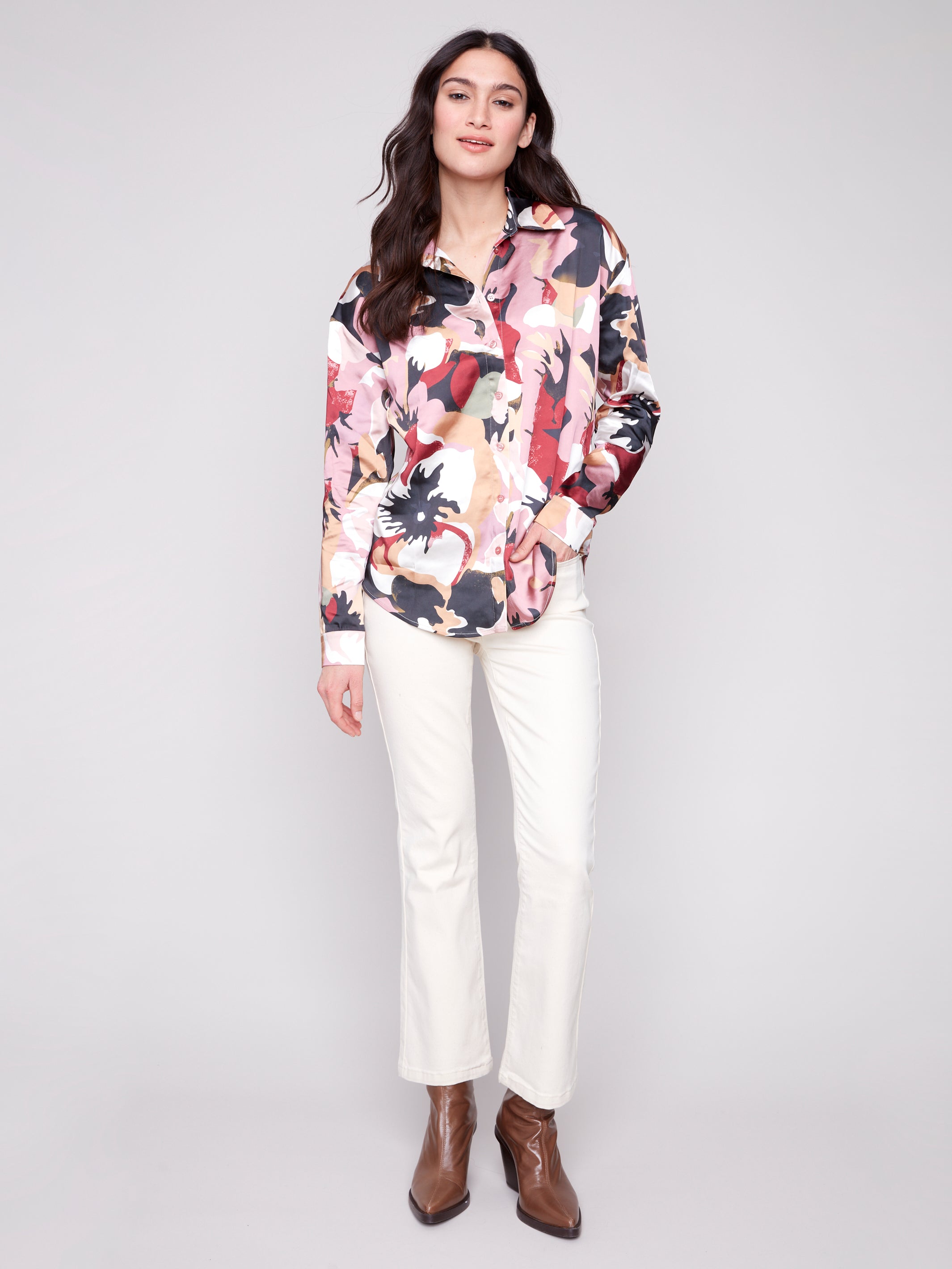 Printed Satin Button-Down Shirt
