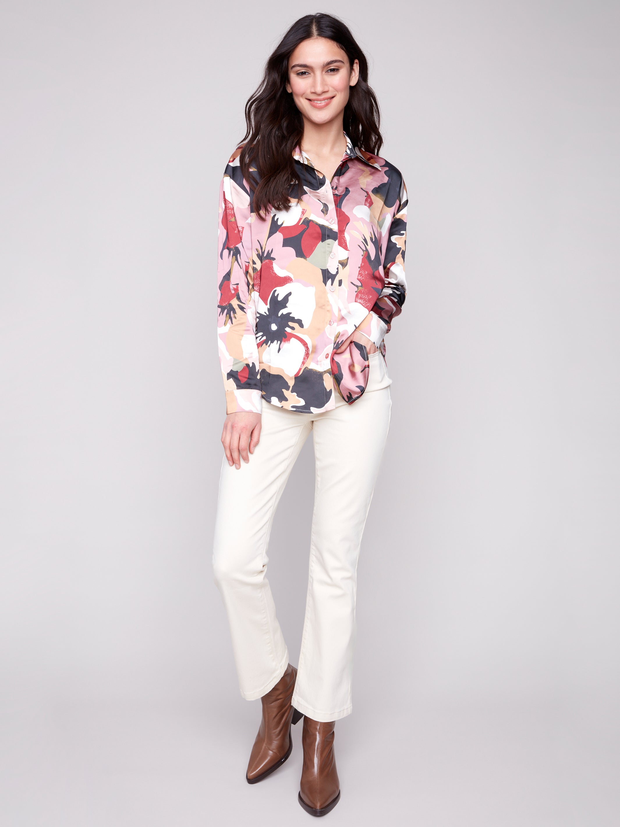 Printed Satin Button-Down Shirt