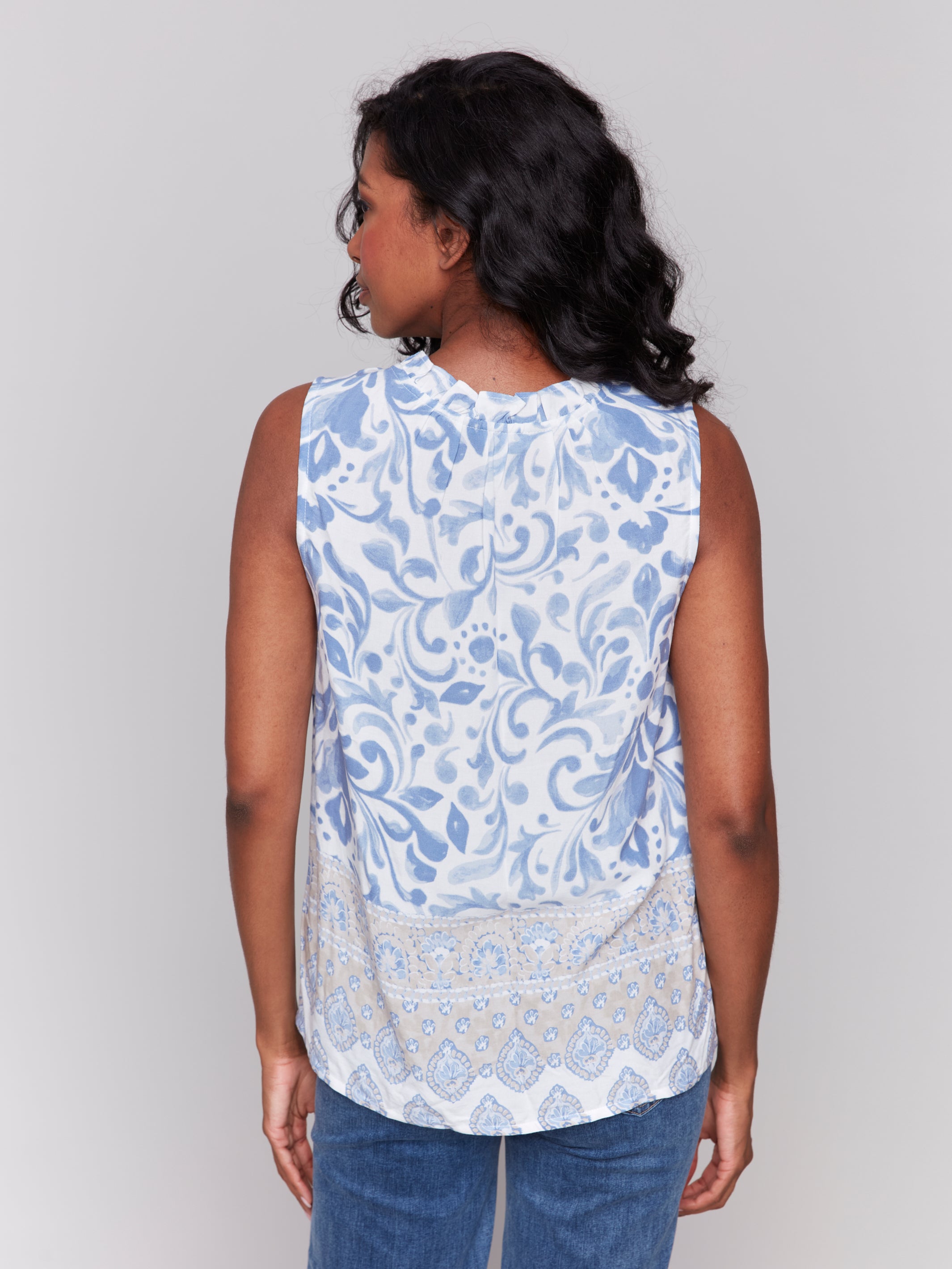 Printed Sleeveless Ruffle Neck Top