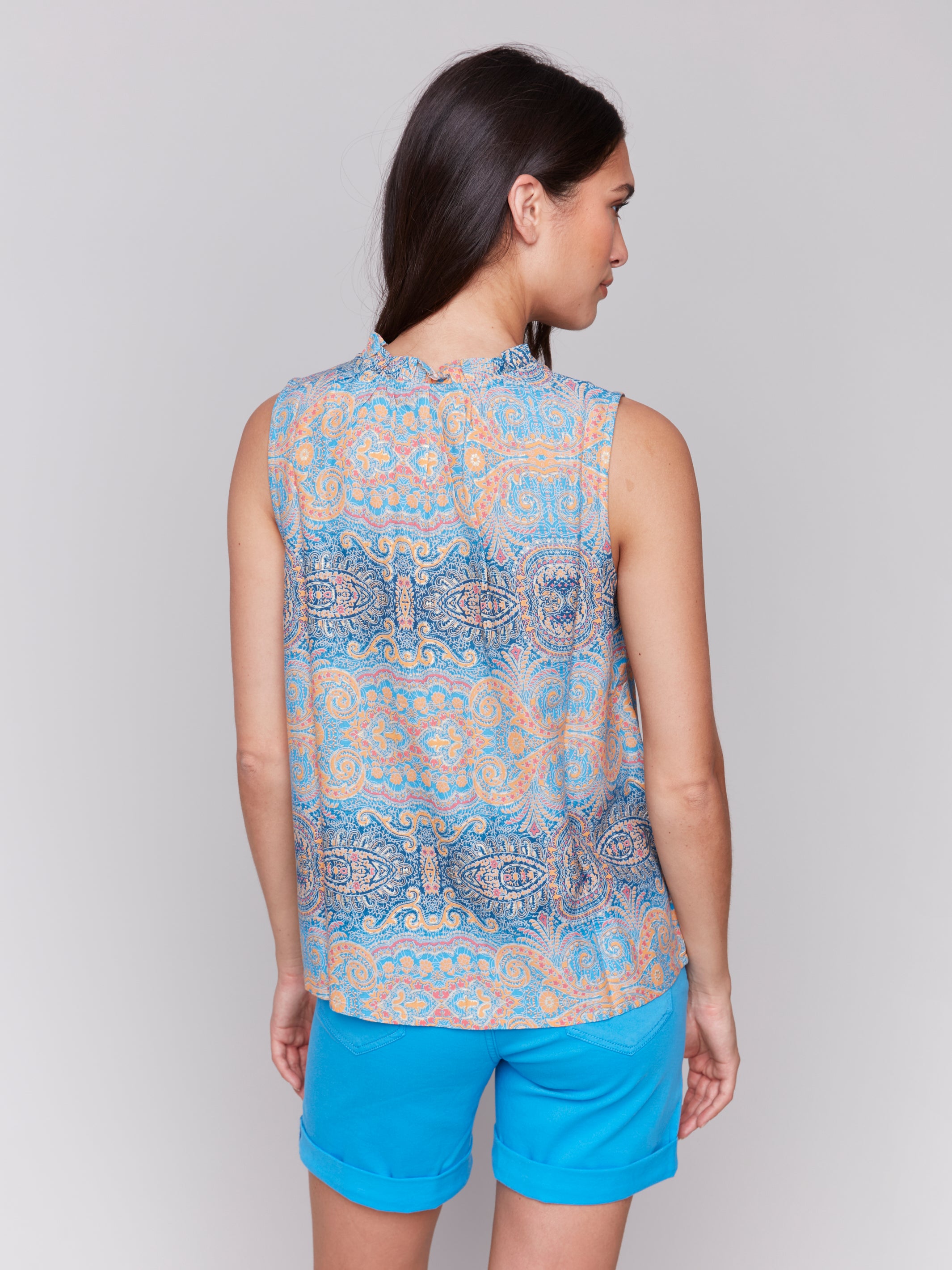 Printed Sleeveless Ruffle Neck Top