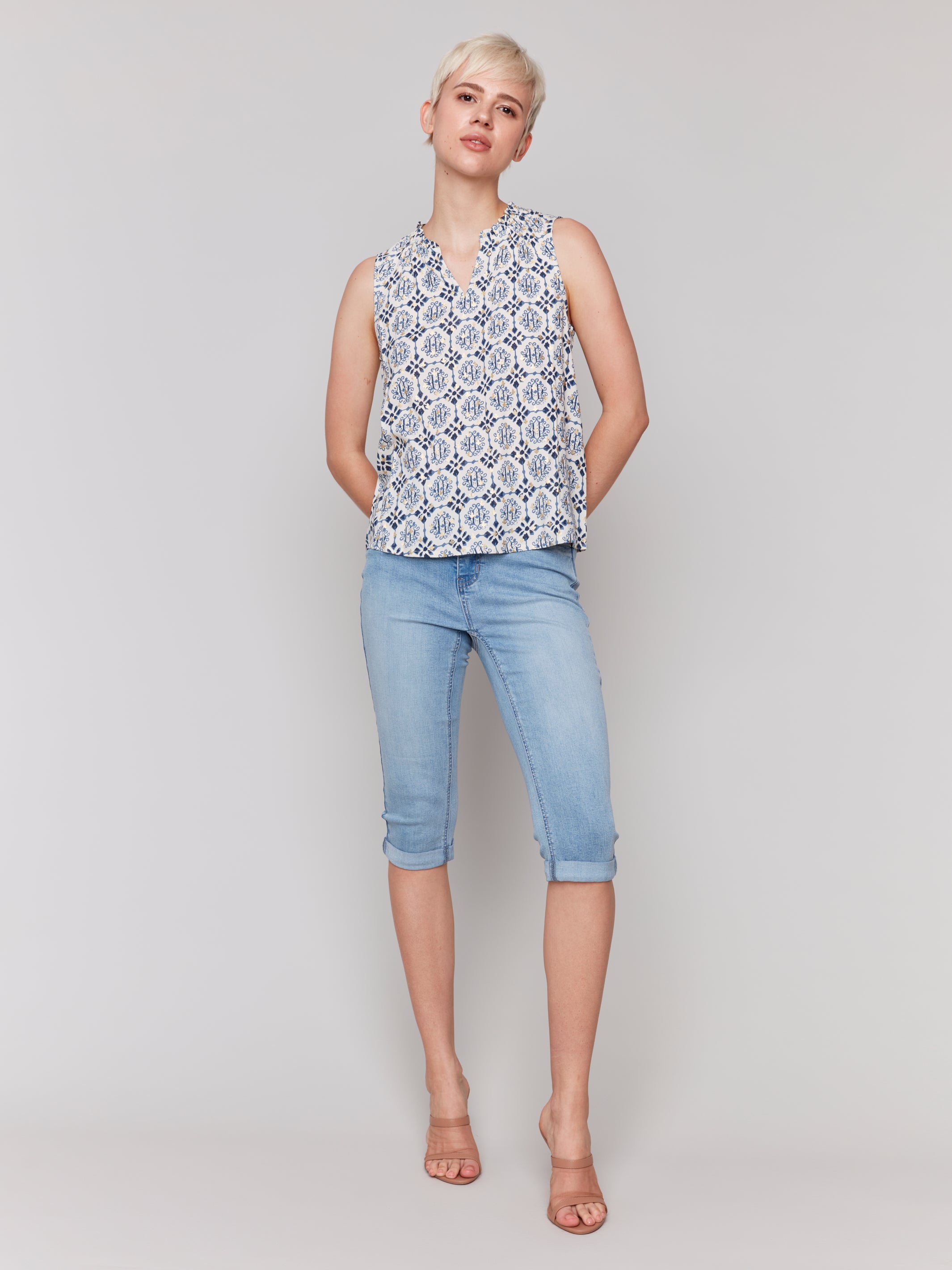 Printed Sleeveless Ruffle Neck Top