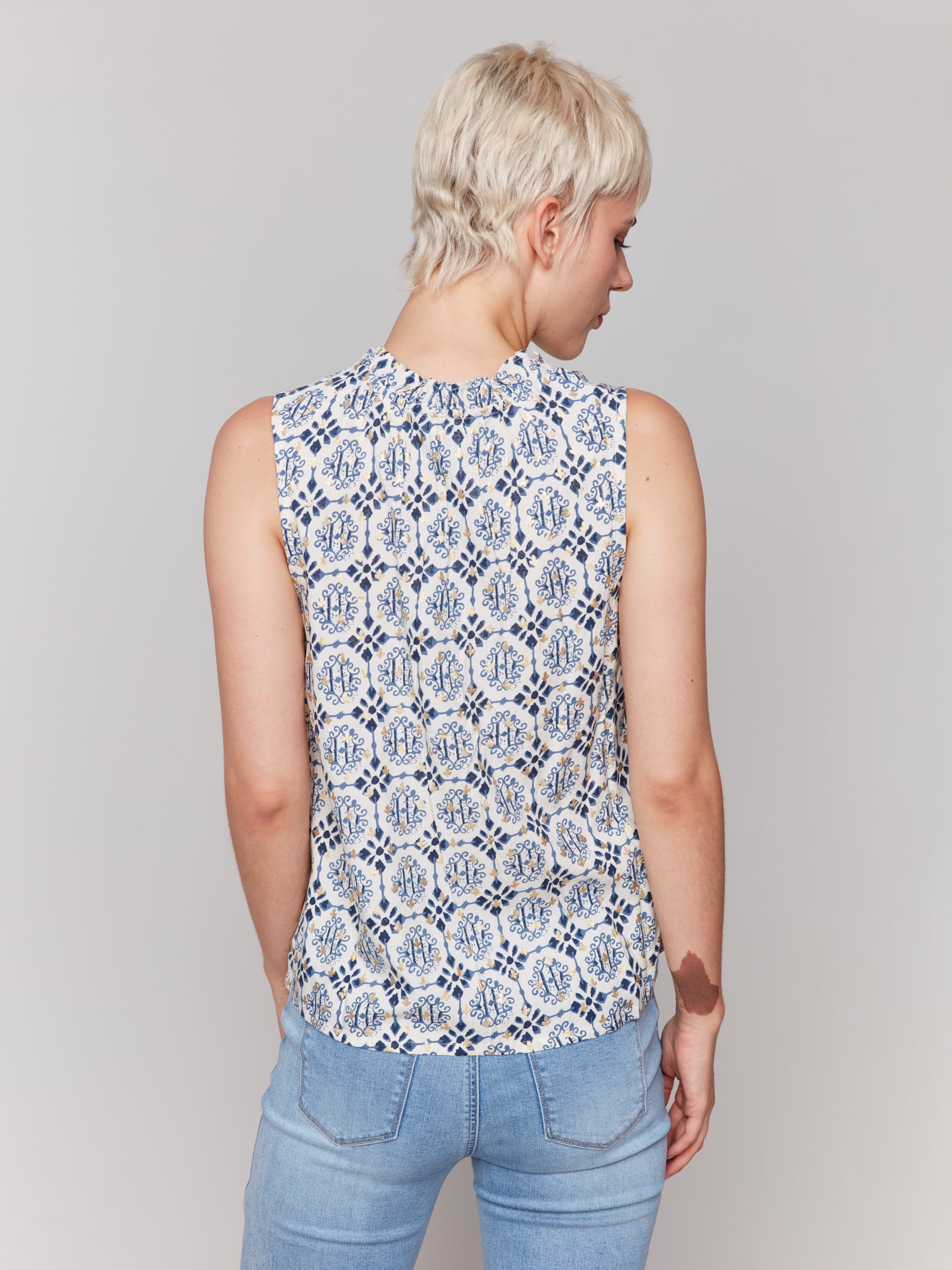 Printed Sleeveless Ruffle Neck Top