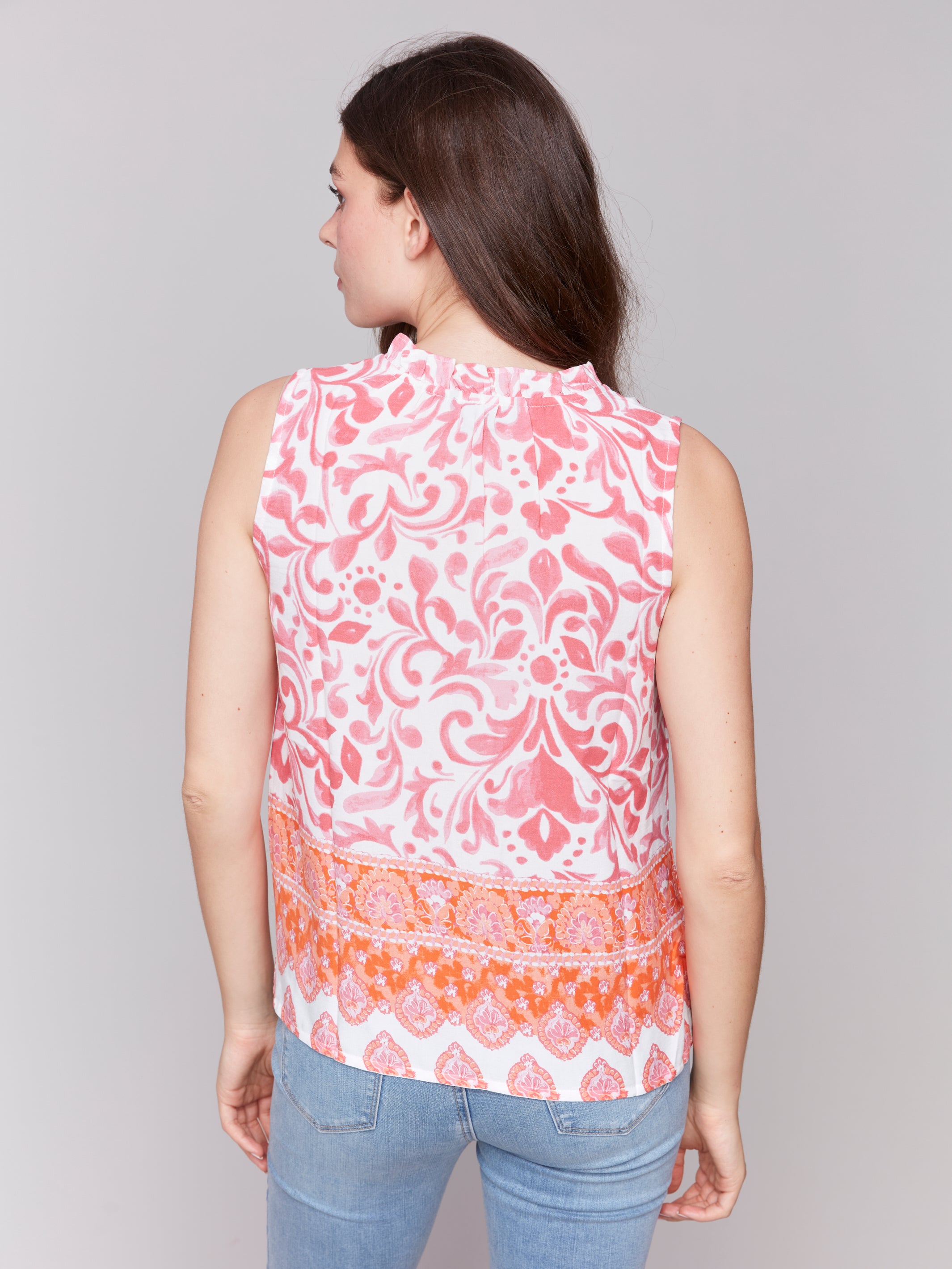 Printed Sleeveless Ruffle Neck Top