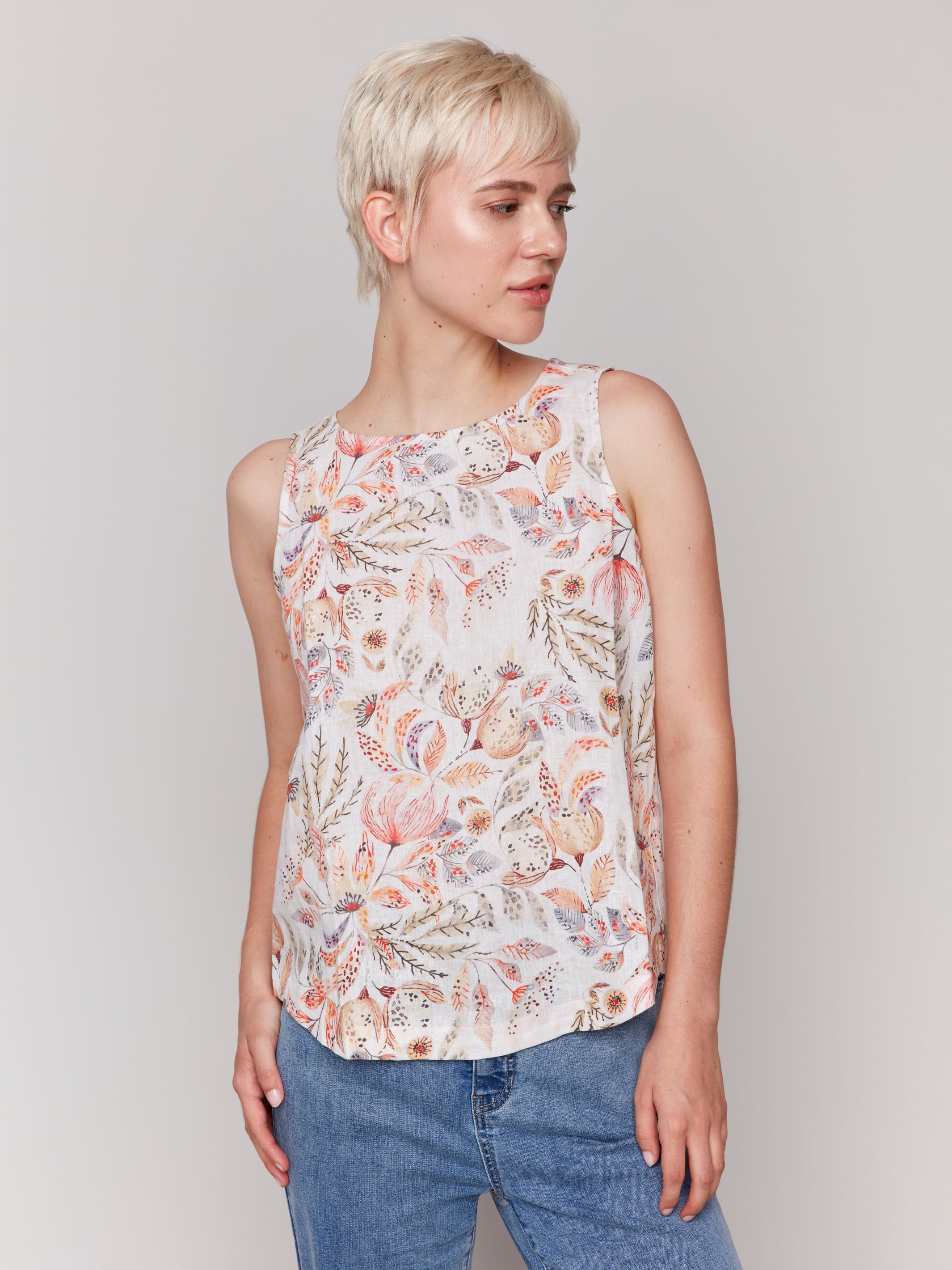 Printed Sleeveless Top with Rounded Hem