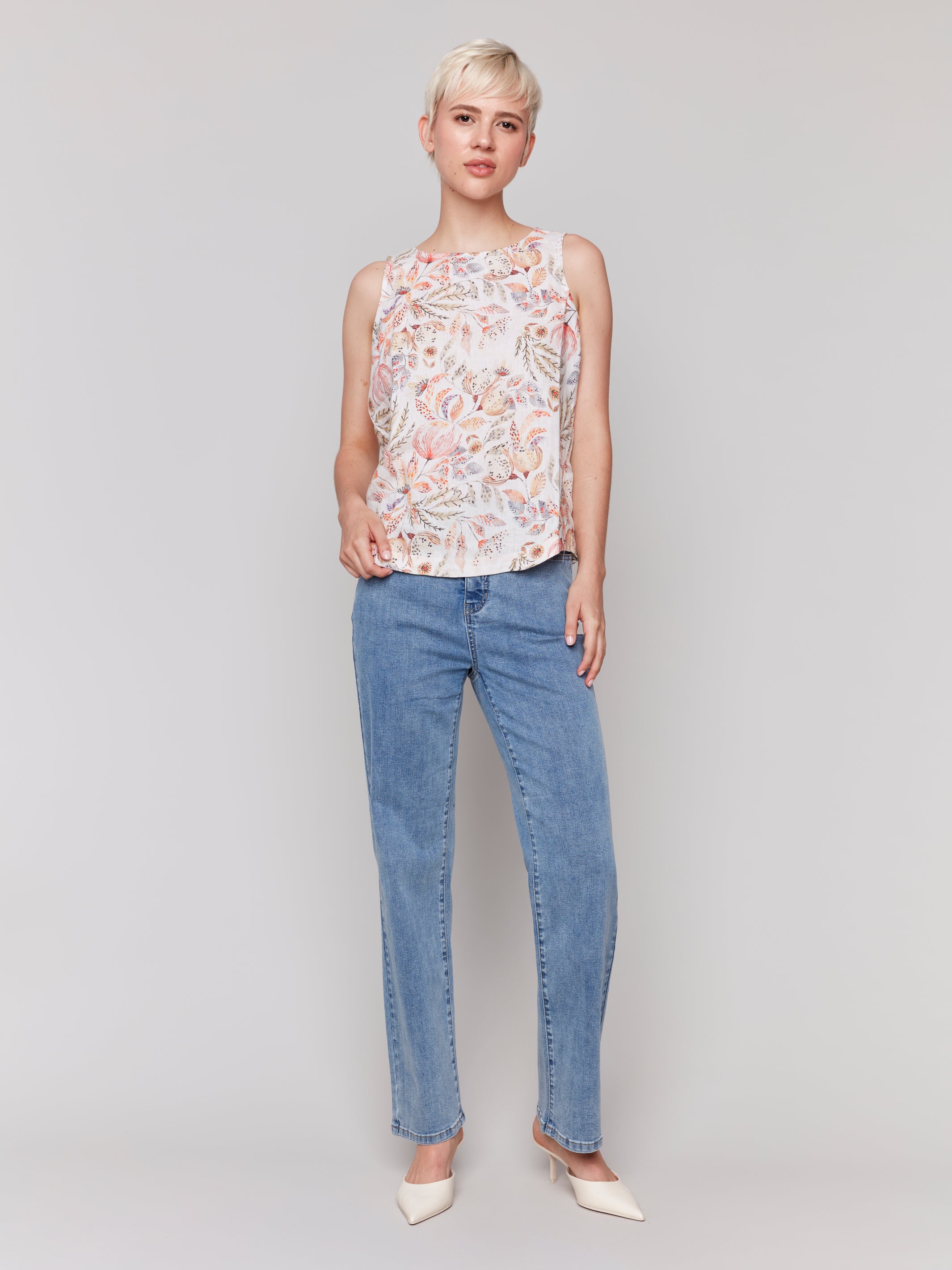 Printed Sleeveless Top with Rounded Hem