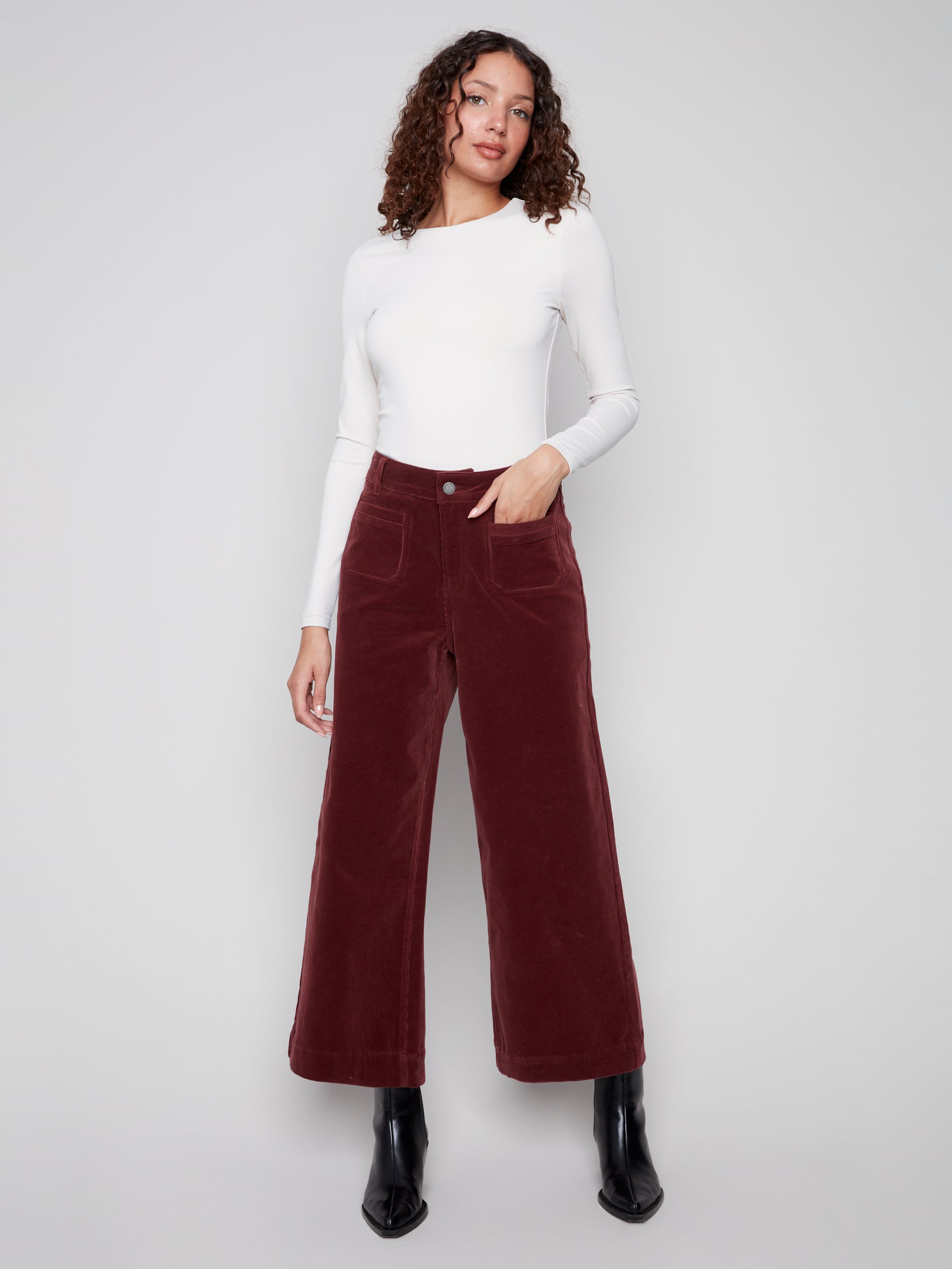 Cropped Patch Pocket Flare Corduroy Pants