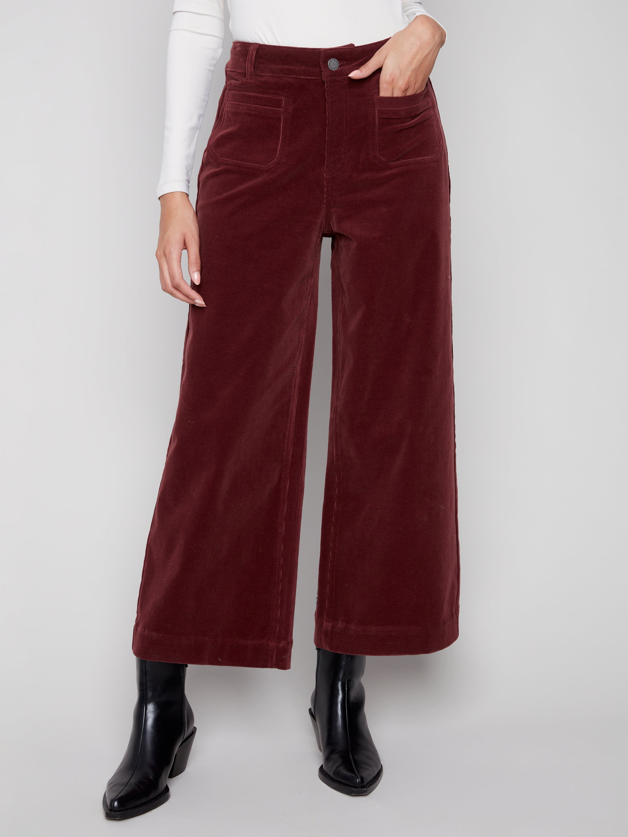 Cropped Patch Pocket Flare Corduroy Pants