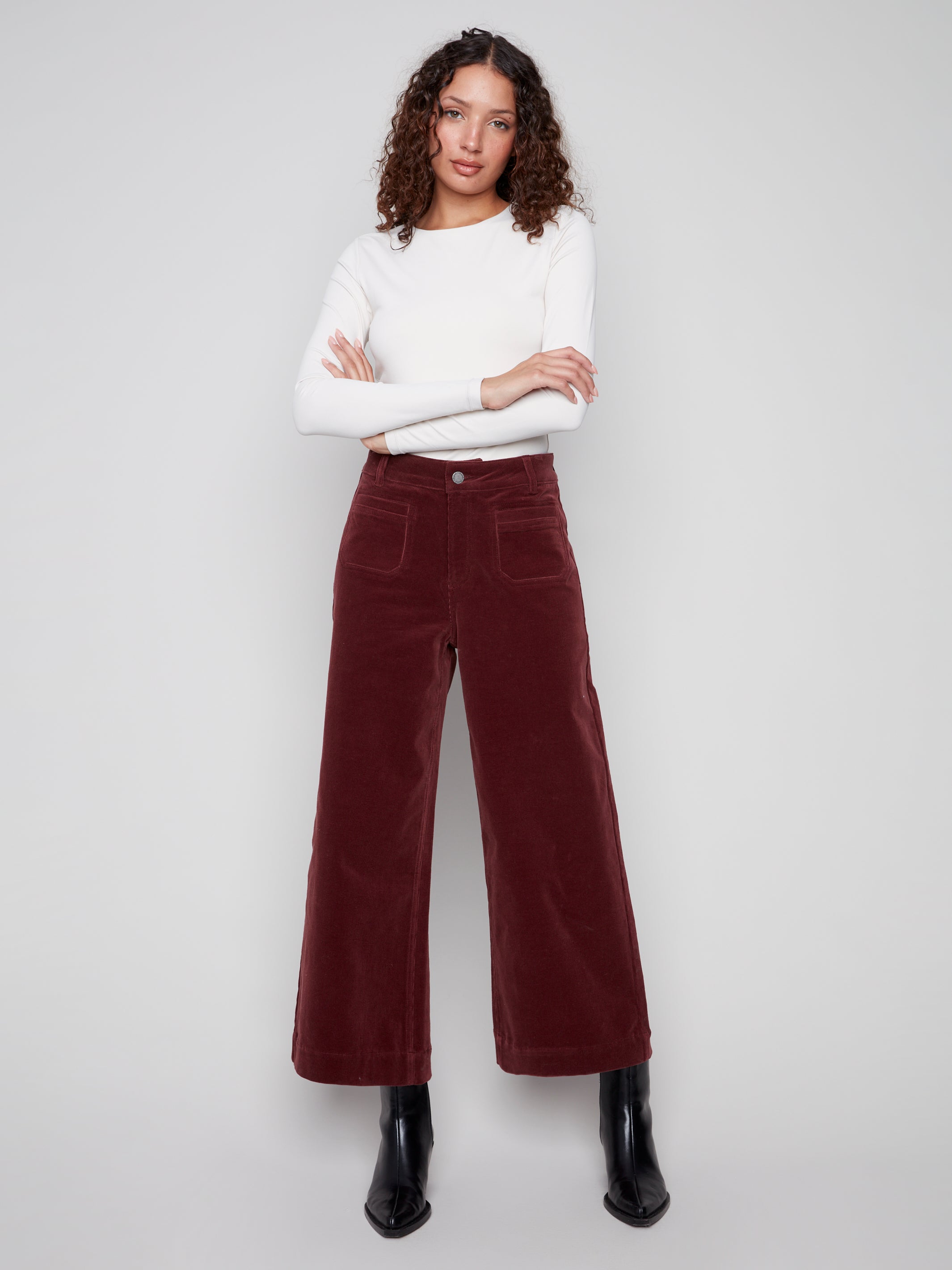Cropped Patch Pocket Flare Corduroy Pants