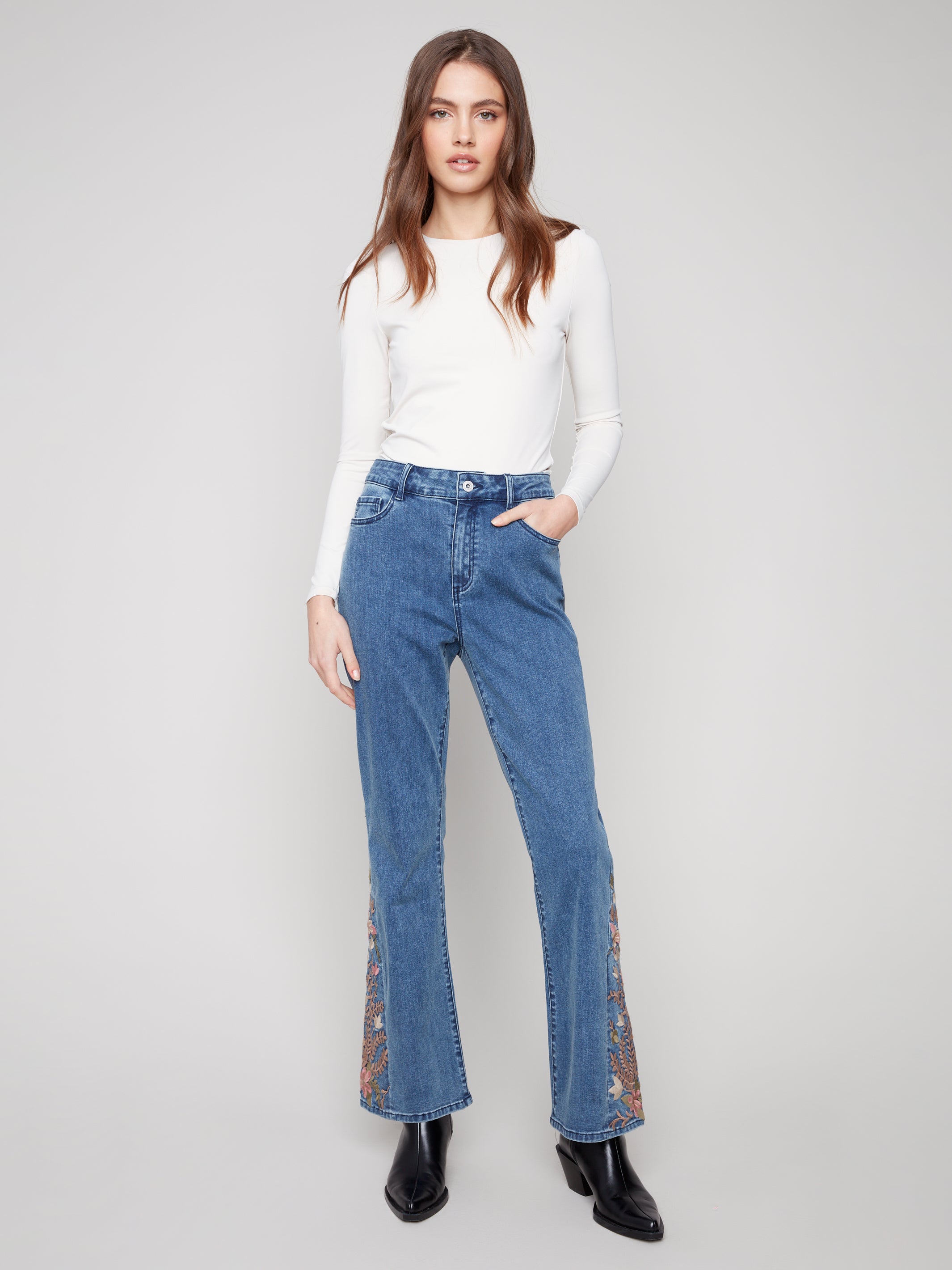Bootcut Jeans with Floral Embroidery