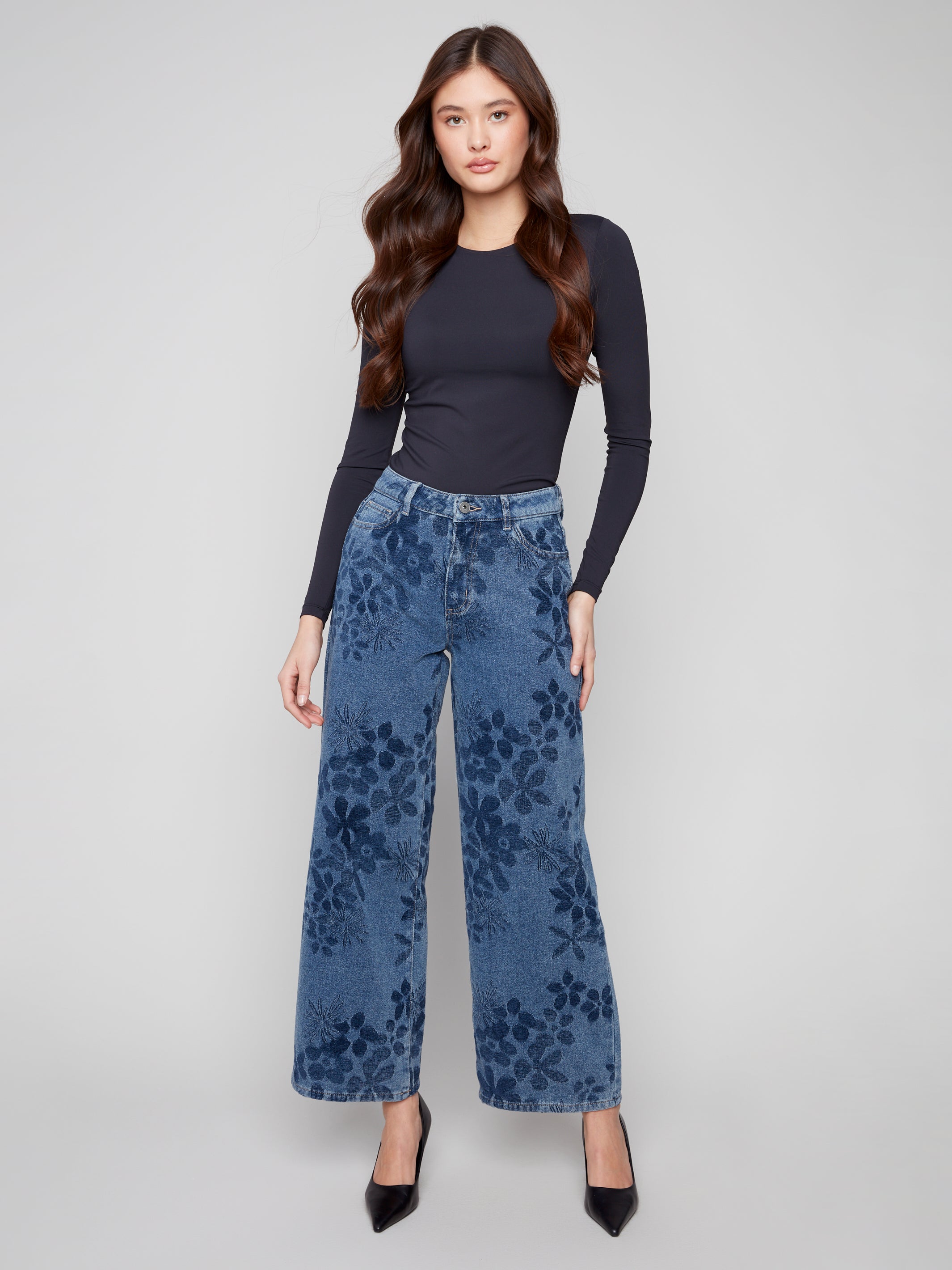 Wide Leg Stretch Denim Jacquard Flower Pants