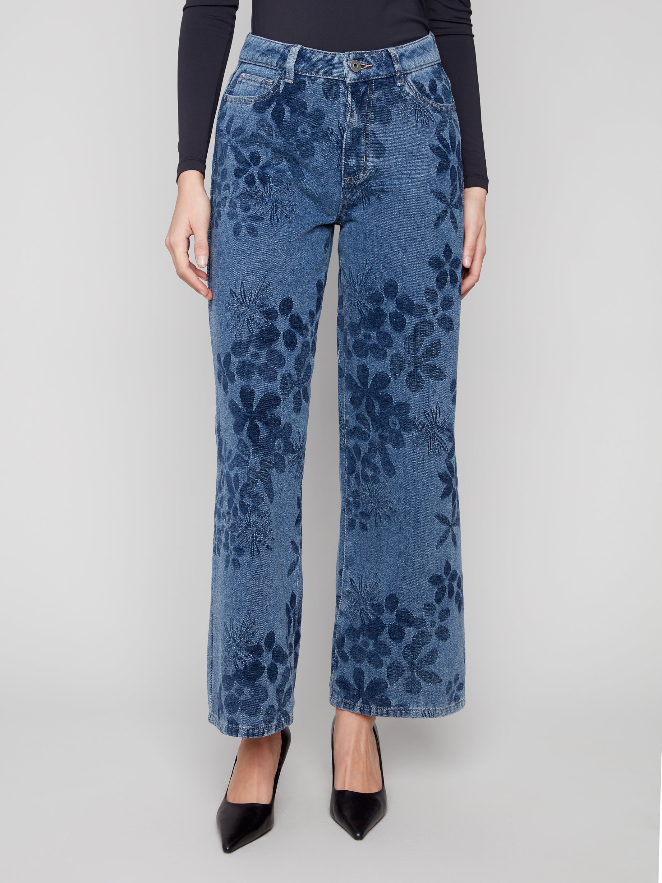 Wide Leg Stretch Denim Jacquard Flower Pants