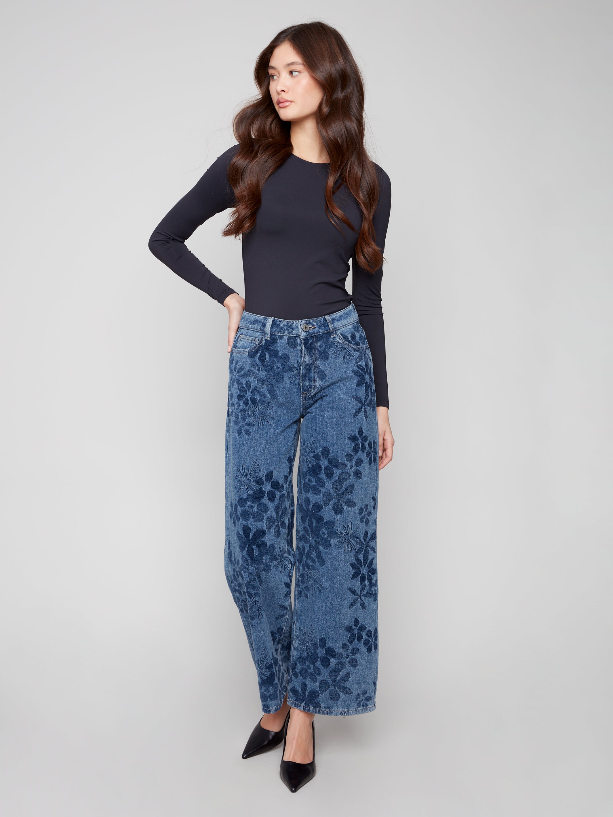 Wide Leg Stretch Denim Jacquard Flower Pants